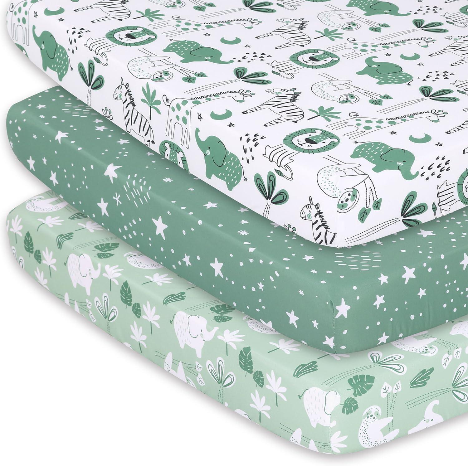 The Peanutshell Mini Crib Sheet Set - 3 Pack - Multiuse for Pack & Play, Playard, Playpen, Mini Crib - Green Safari Animals