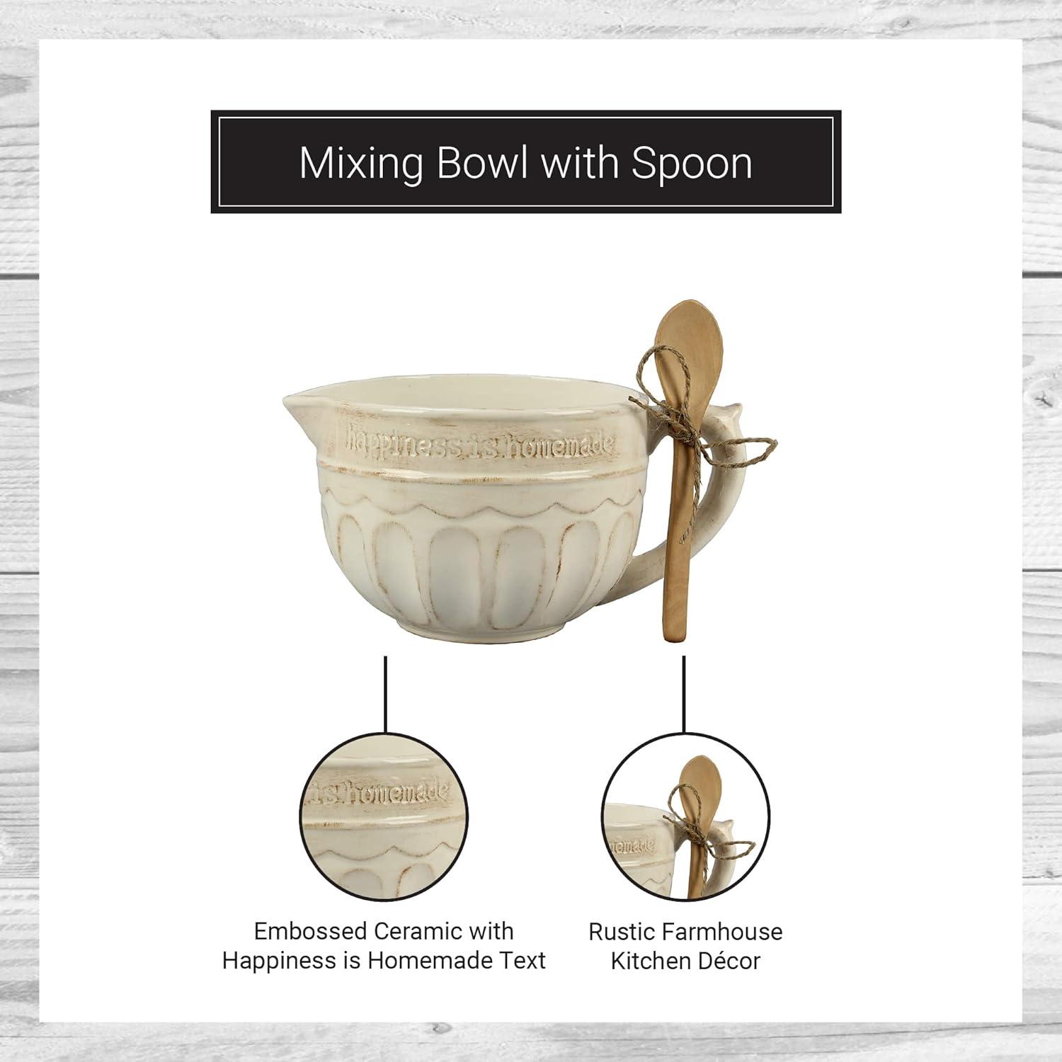 Cream Ceramic Mixing Bowl with Wooden Spoon and Handle