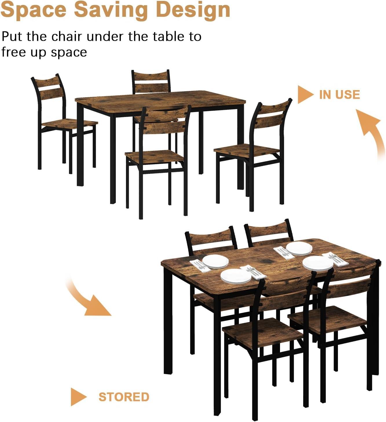 5-Piece Dining Room Table Set, Compact Wooden Kitchen Table and 4 Chairs with Metal Legs Dinette Sets, Industrial Style Kitchen Table and Chairs for Dining Room & Small Space