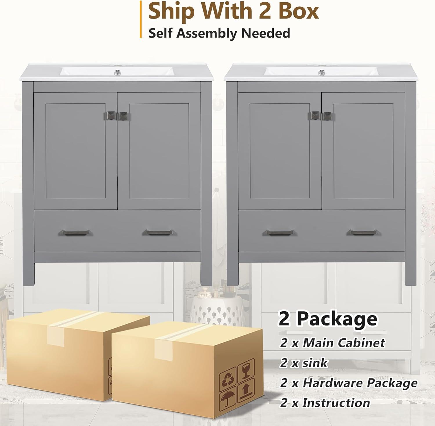 60" Bathroom Vanity Set,Double Vanities (Separate), Double Ceramic Sinks, Storage Shelf, and Divided Drawers (Mirror not Included)– Modern Bathroom Solution for Spacious Bathrooms,Grey