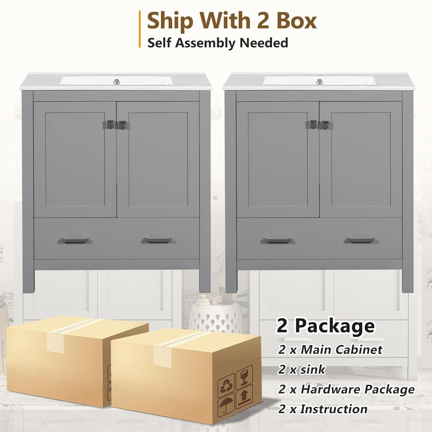 60" Bathroom Vanity Set,Double Vanities (Separate), Double Ceramic Sinks, Storage Shelf, and Divided Drawers (Mirror not Included)– Modern Bathroom Solution for Spacious Bathrooms,Grey