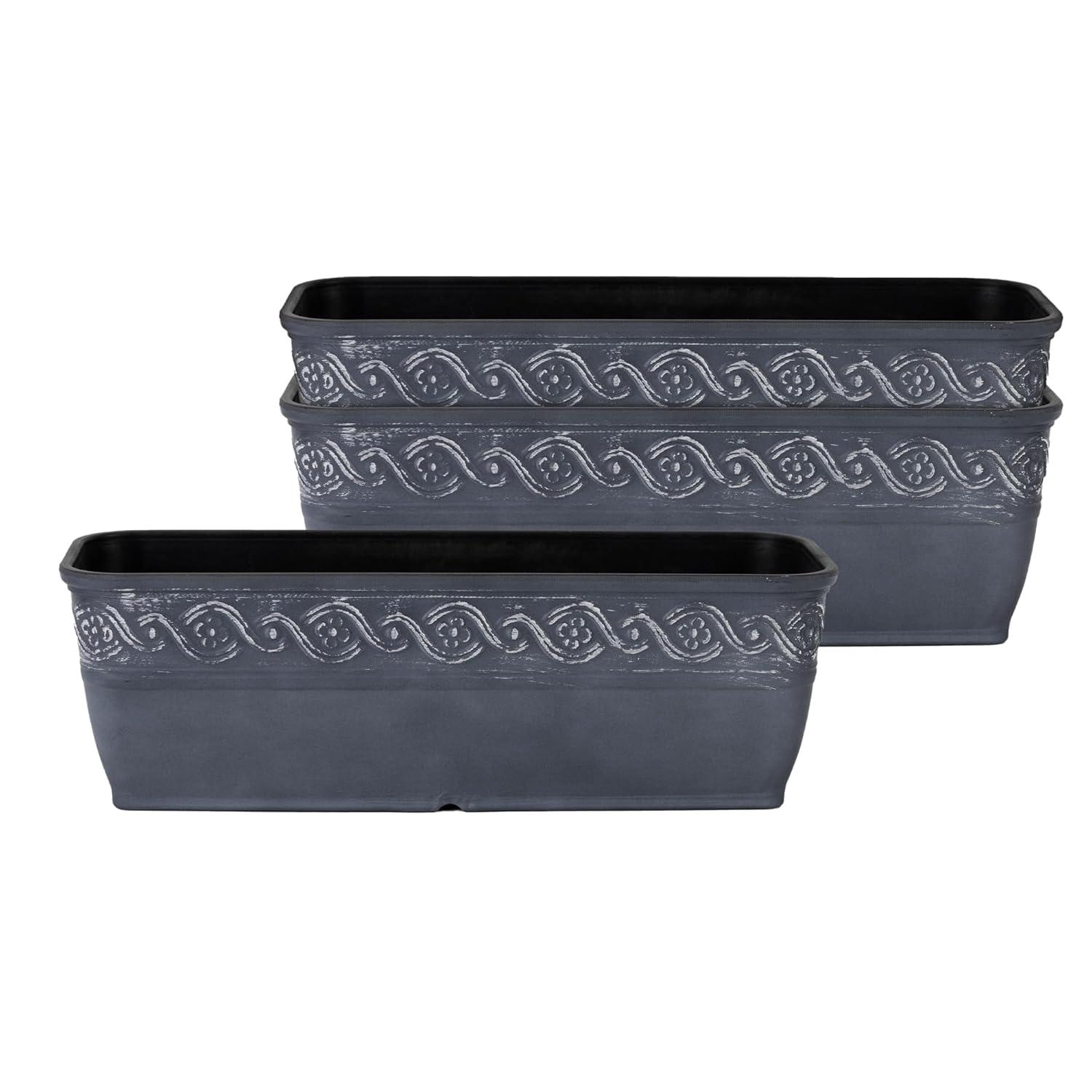 Classic Home and Garden Corinthian Rectangular Planter Box w/Drain Plug - Small Succulent Pots - Shallow Trough Planter for Indoor/Outdoor (10” Storm Gray, Pack of 3)