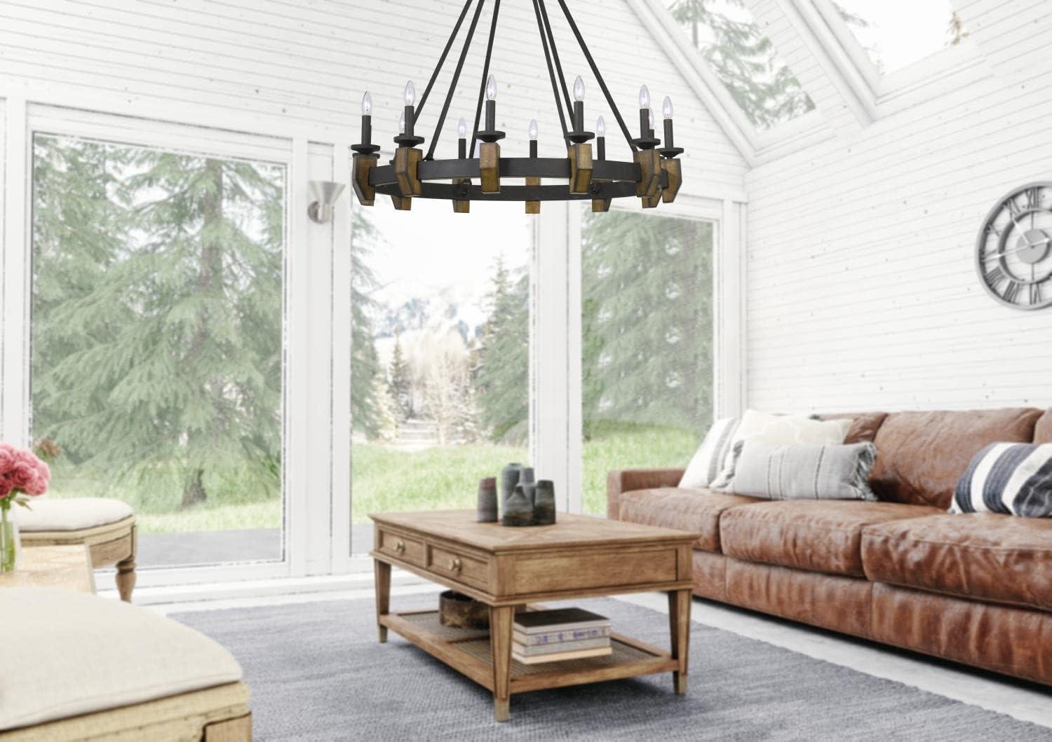 Cruz 39" Bronze and Wood 12-Light Chandelier