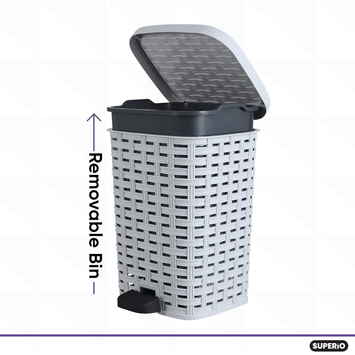 Superio Wicker Style Step-On Trash Can – 3.1 Gallon, White Smoke