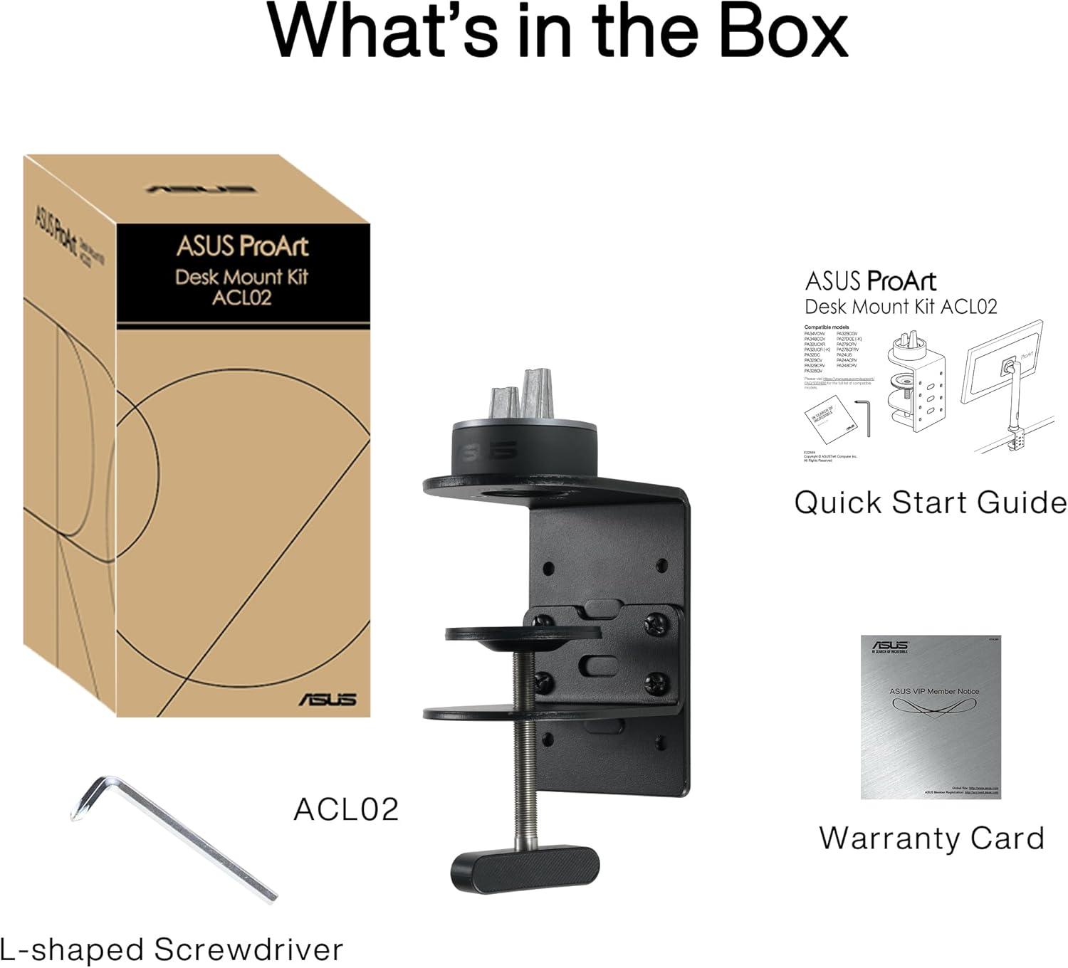 ASUS ProArt Desk Mount Kit (ACL02) - Supports Most 24" to 34" Proart Displays, C-Clamp, Mounting Base, Ergonomic Adjustments, Clean Desk Setup, Free Up Desk Space, Quick and Easy Set-up, Minimal