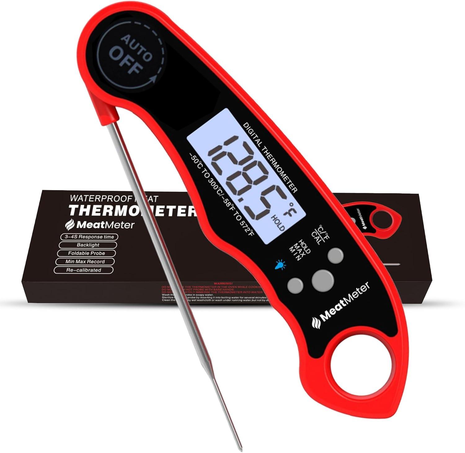 Digital Meat Thermometer for Grill/Cooking Fast Instant Read Waterproof Magnetic Probe Thermometer w/Backlight and Display for Kitchen, BBQ, Frying, etc. Chicken, Steak,or Burgers, Red