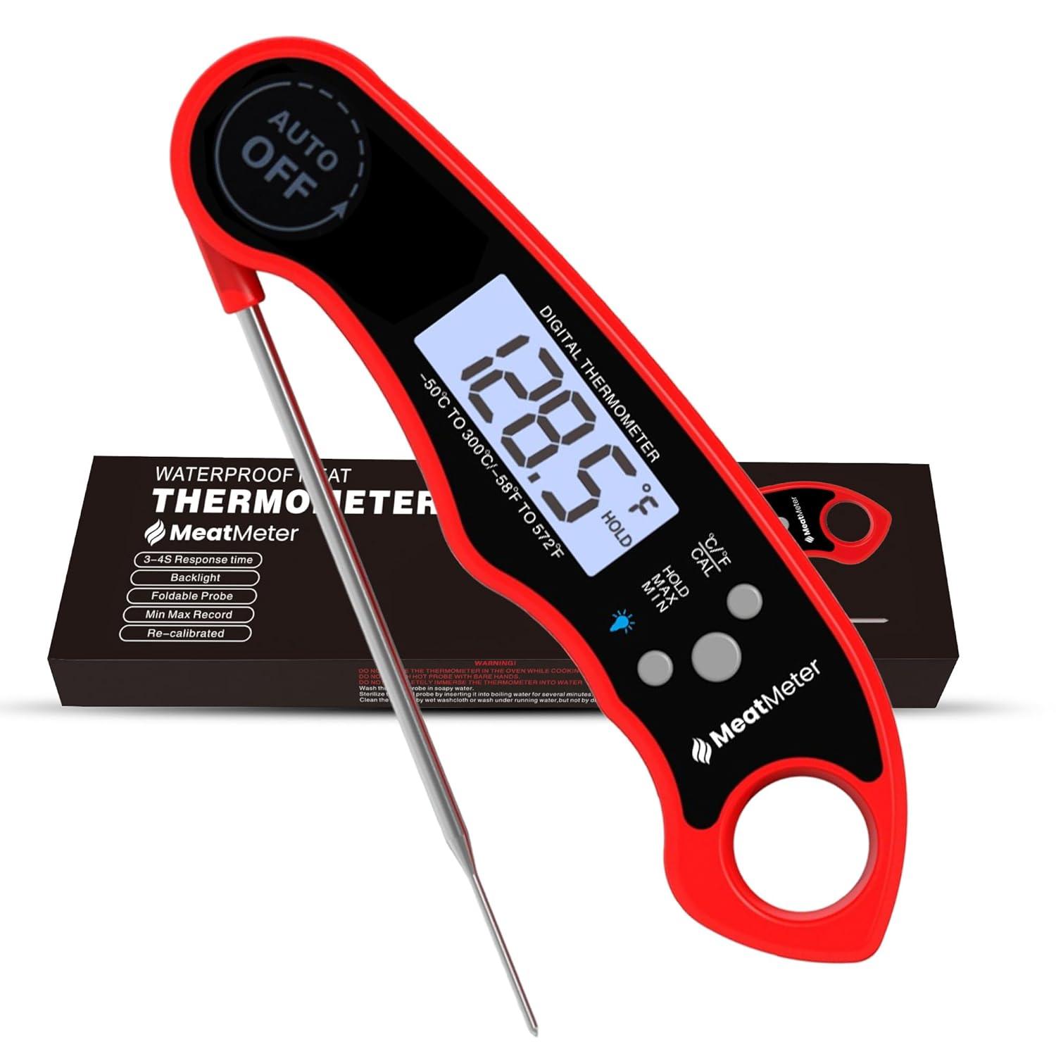 Digital Meat Thermometer for Grill/Cooking Fast Instant Read Waterproof Magnetic Probe Thermometer w/Backlight and Display for Kitchen, BBQ, Frying, etc. Chicken, Steak,or Burgers, Red