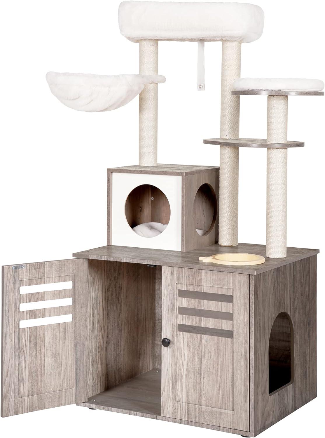 Wood Litter Box Enclosure with Food Station, All-in-one Indoor Cat Furniture with Large Platform and Condo