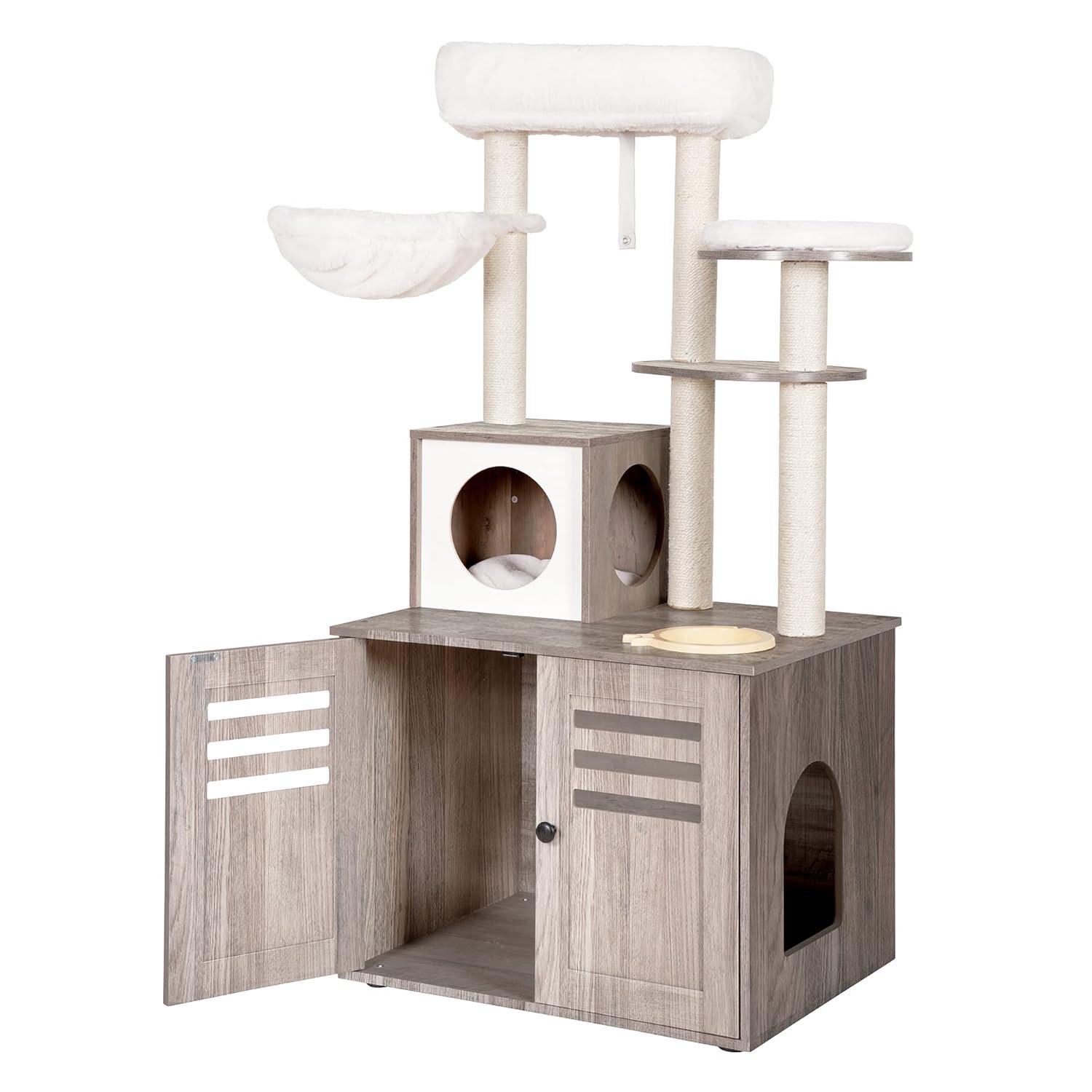 Wood Litter Box Enclosure with Food Station, All-in-one Indoor Cat Furniture with Large Platform and Condo