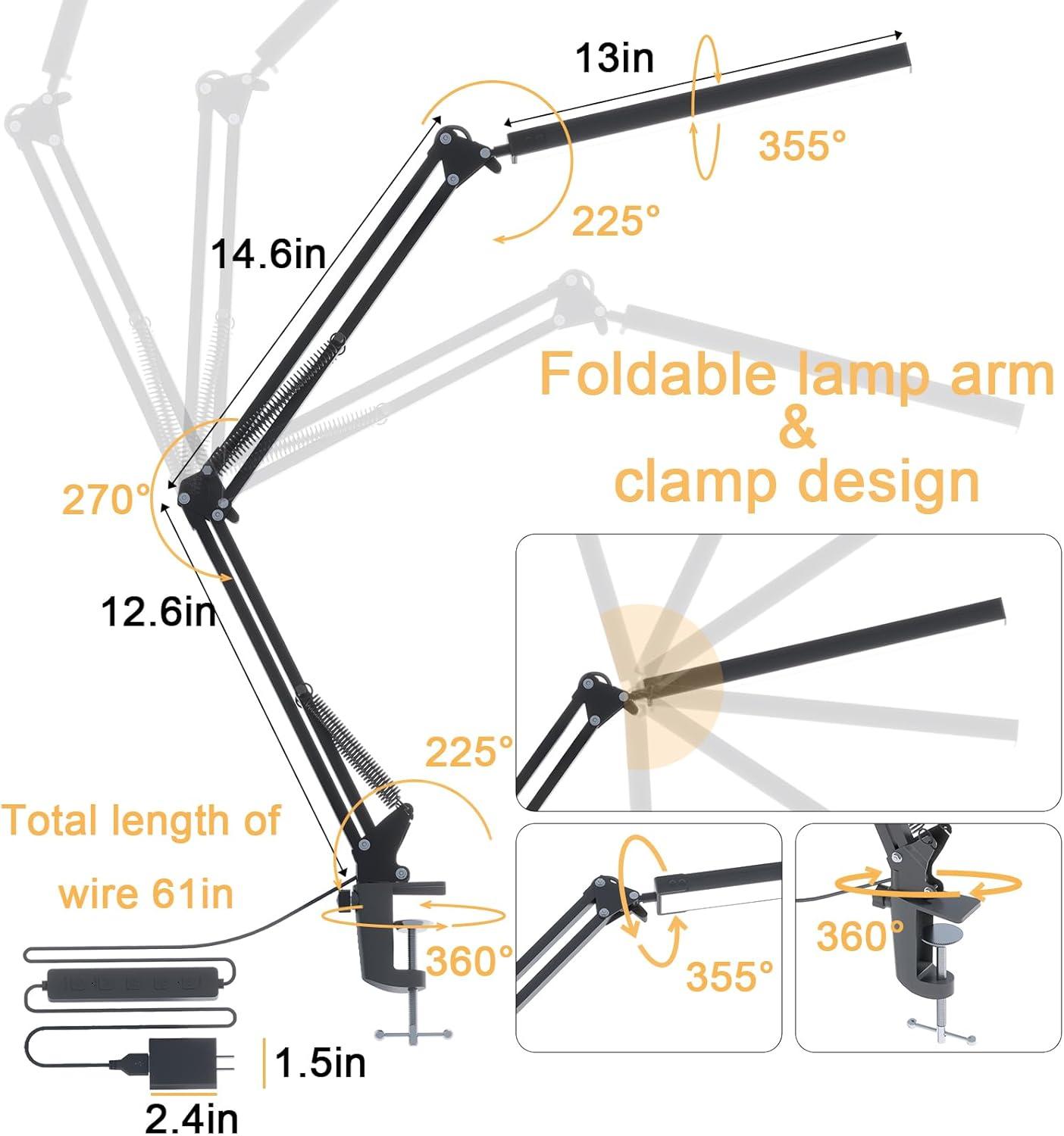 LED Desk Lamp, Swing arm Desk Light with clamp, 3 Lighting 10 Brightness Eye-Caring Modes, Reading Desk Lamps for Home Office 360 Degree Spin with USB Adapter & Memory Function black-14W