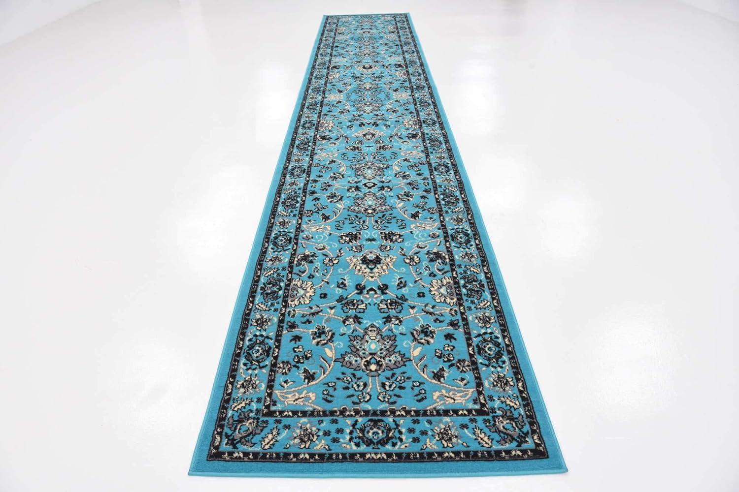 Turquoise and Ivory Synthetic Reversible Runner Rug