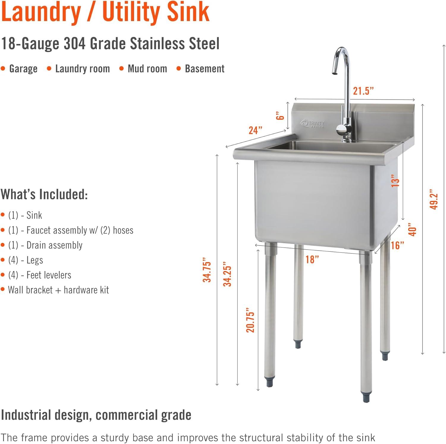 24-Inch Stainless Steel Utility Sink with Faucet and Backsplash