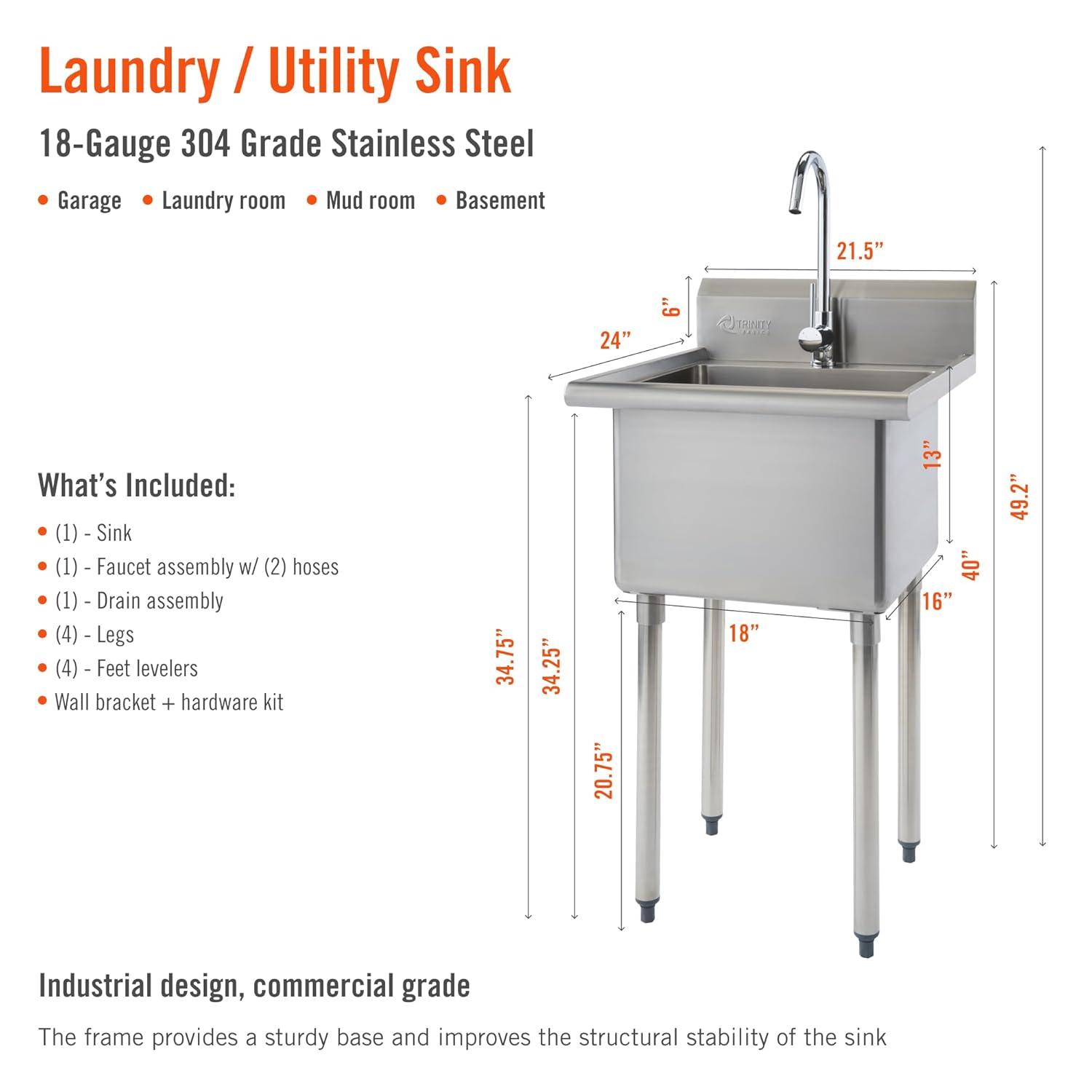 TRINITY Basics Stainless Steel Utility Sink w/ Faucet | NSF Certified