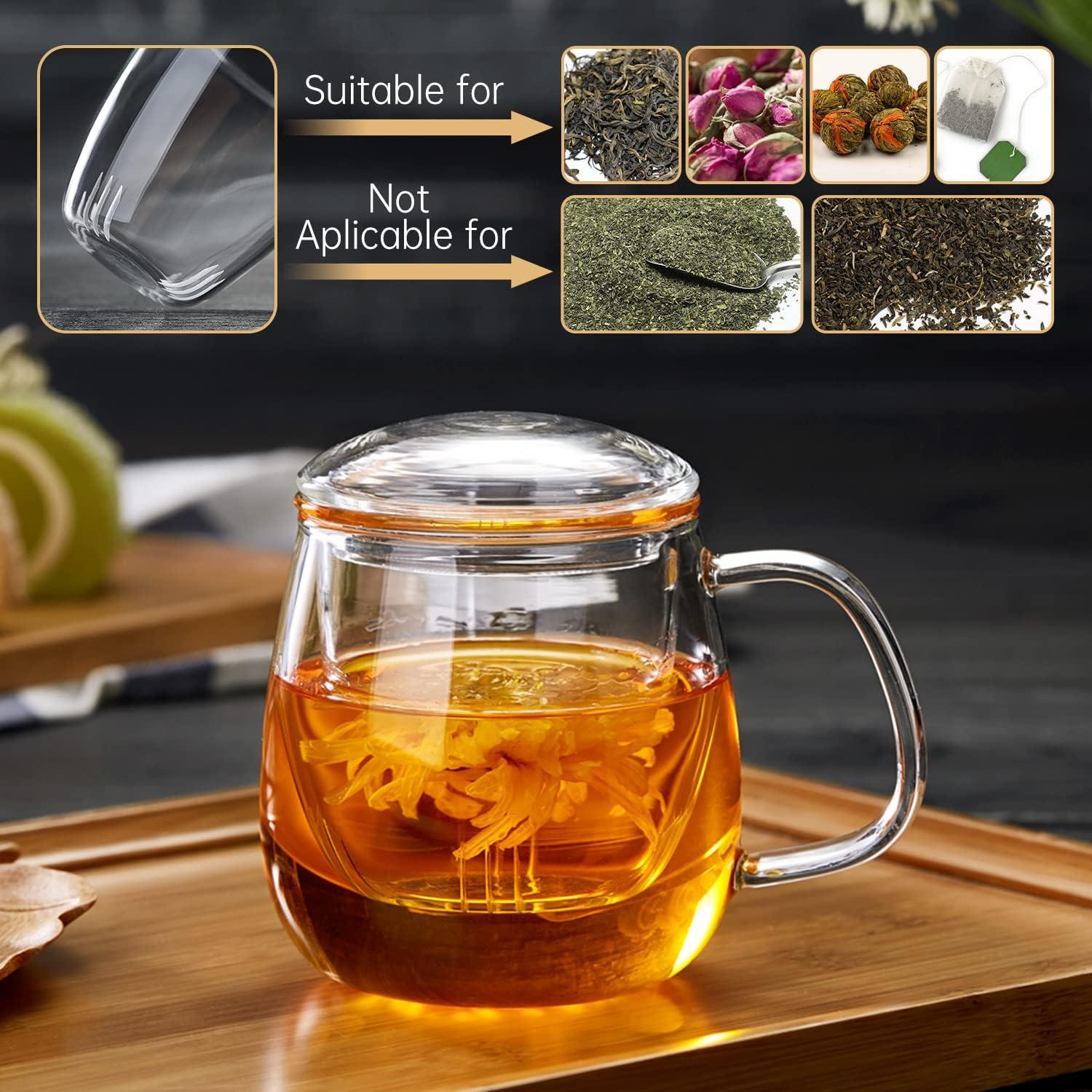 Large Clear Borosilicate Glass Tea Cup with Infuser and Lid, 17.6oz - For Loose Leaf Tea Enjoyment Teacup Mug