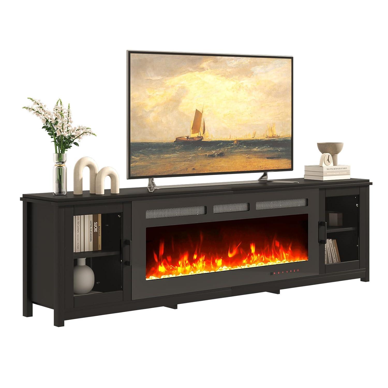 oneinmil Fireplace TV Stand with 36" Electric Fireplace, LED Light Entertainment Center, Modern Wood Texture Entertainment Stand with Highlight Storage Cabinet for TVs Up to 80", 70 inches, Black