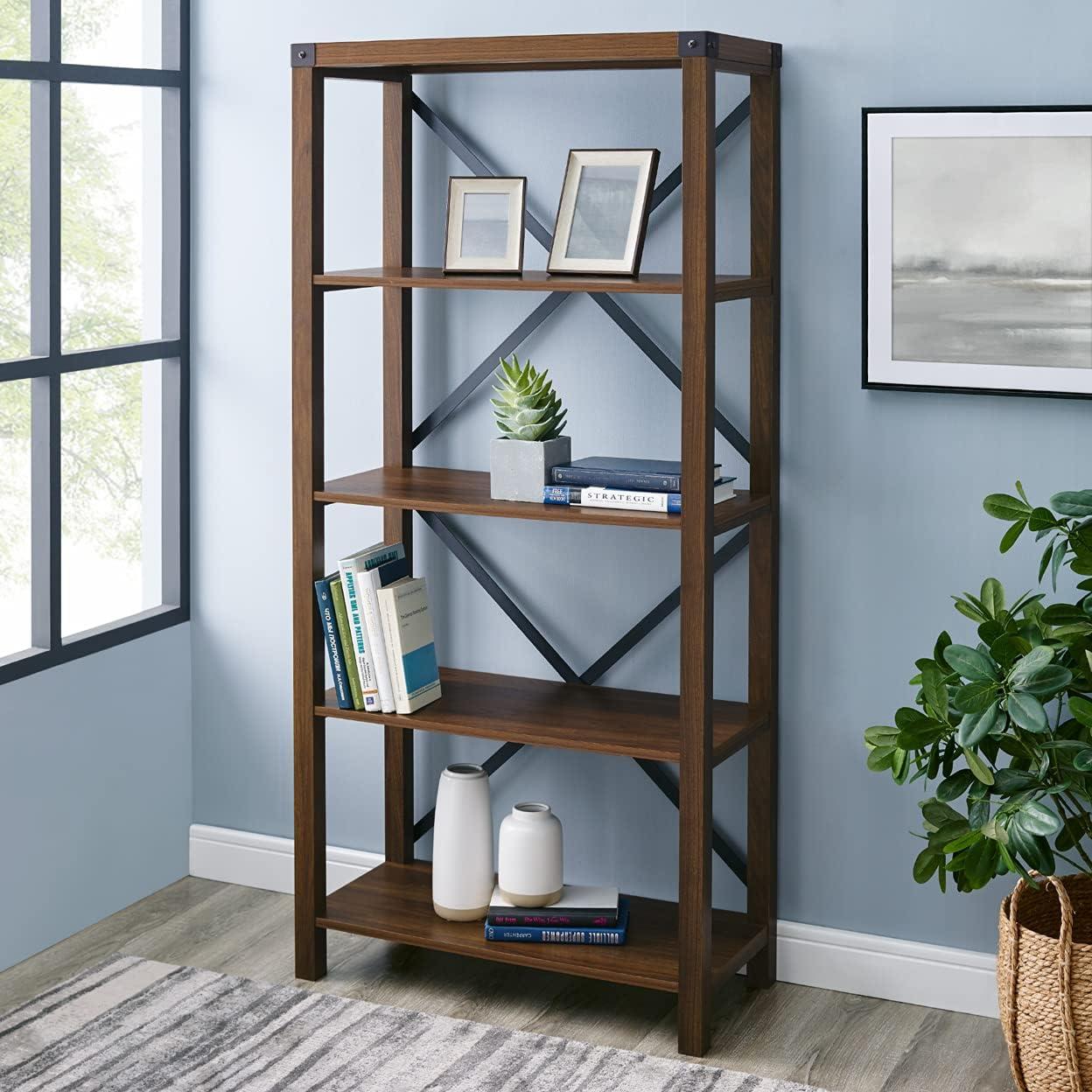 Rustic Industrial Dark Walnut 64" Wall Mount Bookshelf with Metal Accents