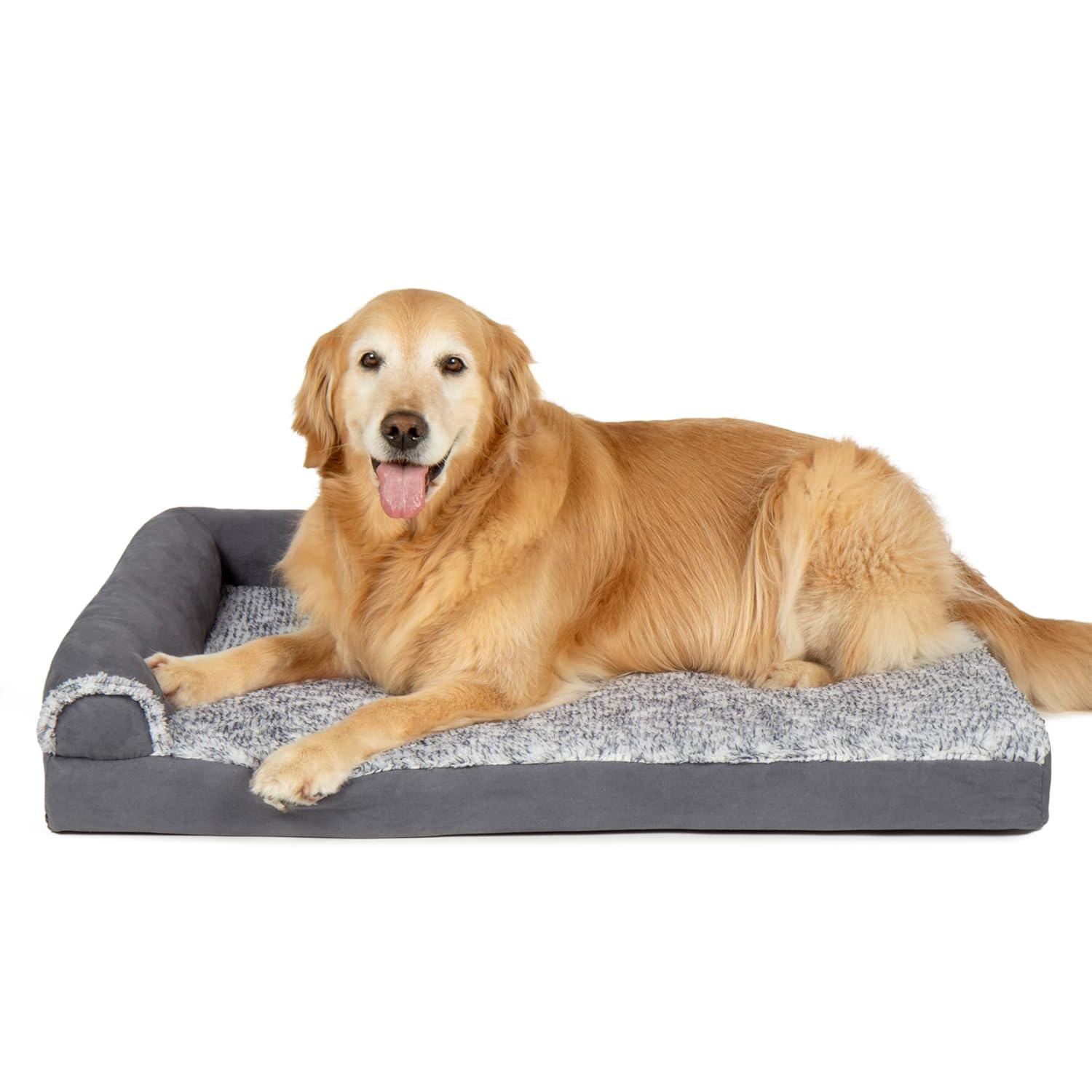 FurHaven Two-Tone Faux Fur & Suede Deluxe Chaise Lounge Orthopedic Sofa Dog Bed - Large, Stone Gray