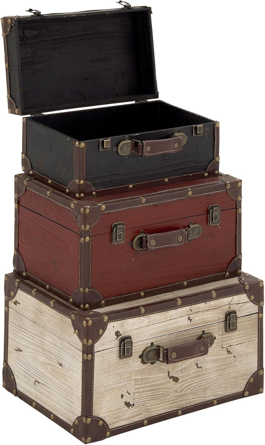 Set of 3 Multicolor Wood and Leather Storage Trunks