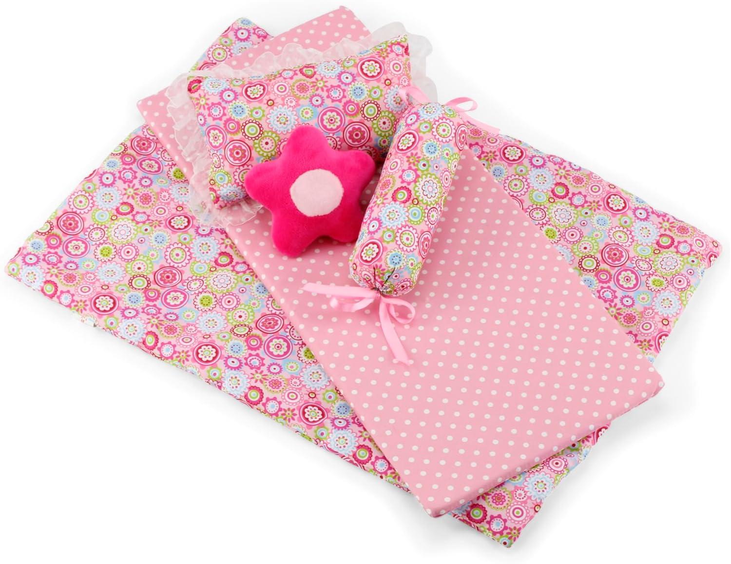 Emily Rose 18 Inch Doll Furniture | 18" Doll Canopy Single Bed with Doll Clothes Storage Drawer | Doll Bed Includes a 5 Piece Colorful Bedding Set | Fits 15" - 18" Dolls