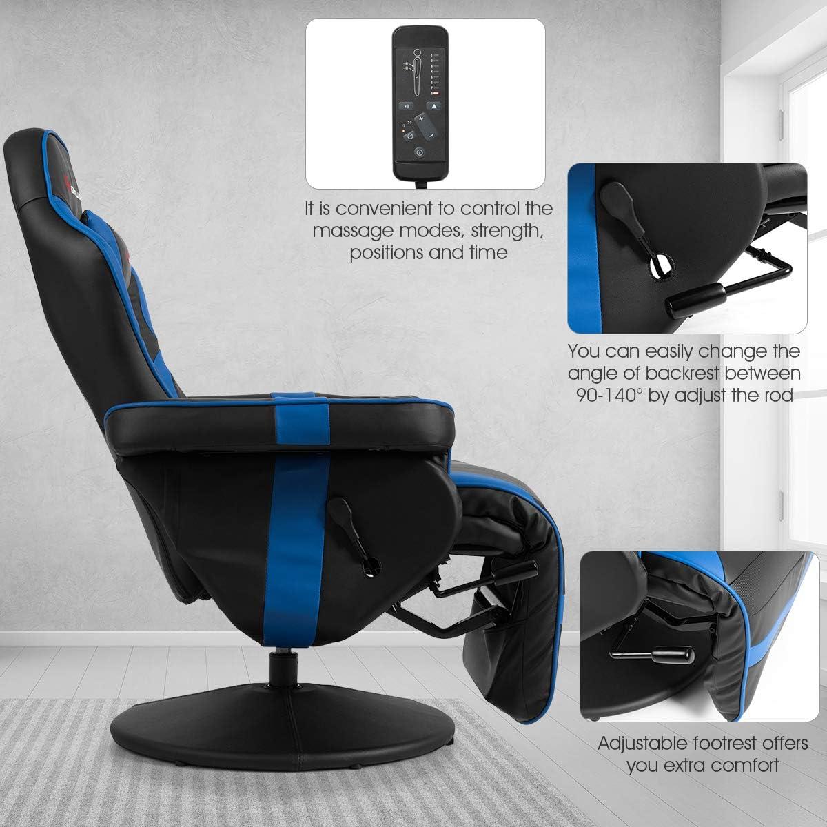 Costway Massage Gaming Recliner Reclining Racing Chair Swivel Blue