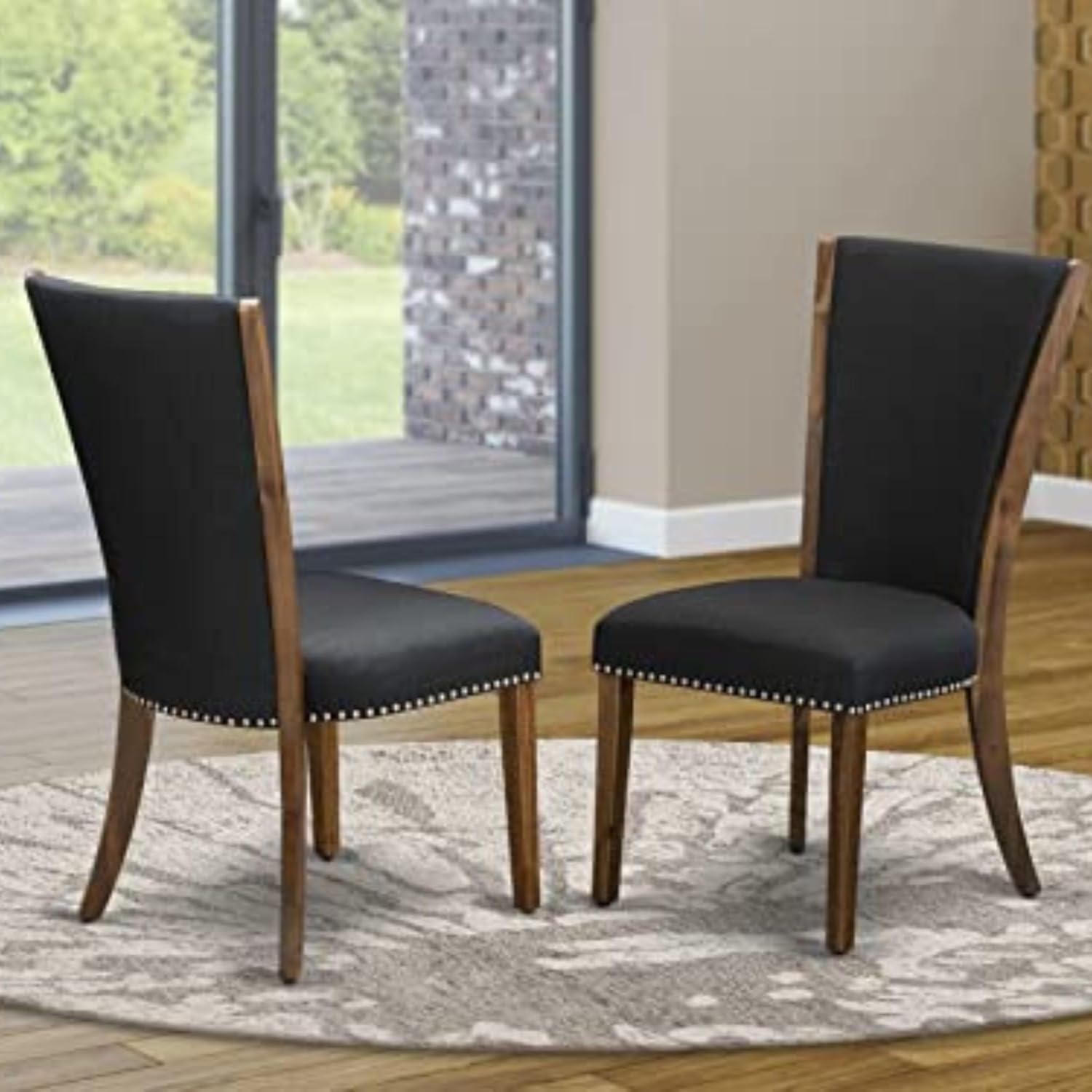 Verona Antique Walnut Wooden Frame Dining Chair with Black Linen Fabric Seat with Nail Head & Stylish Back - Set of 2