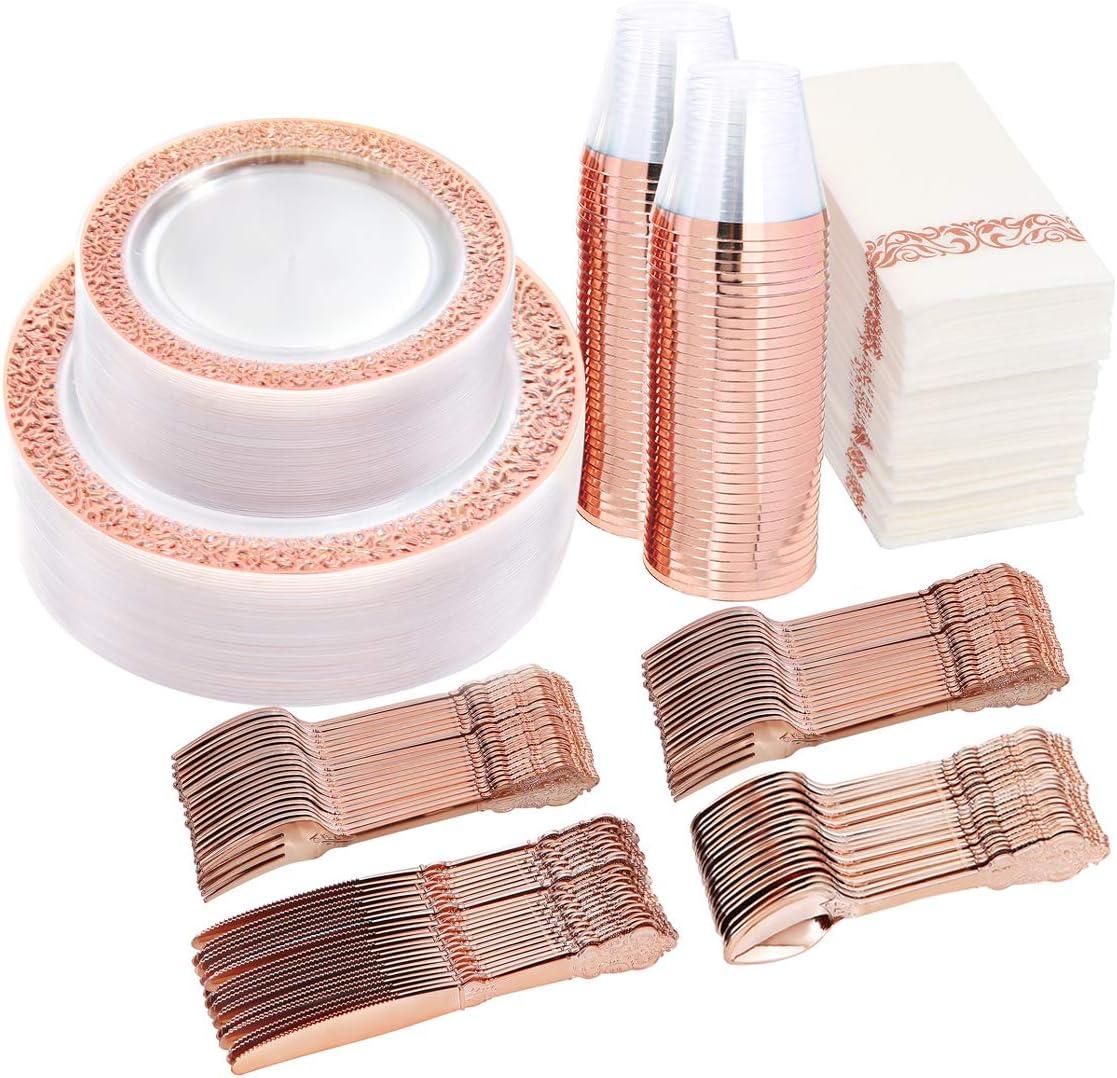 Rose Gold and Clear Plastic Dinnerware Set for 50 Guests