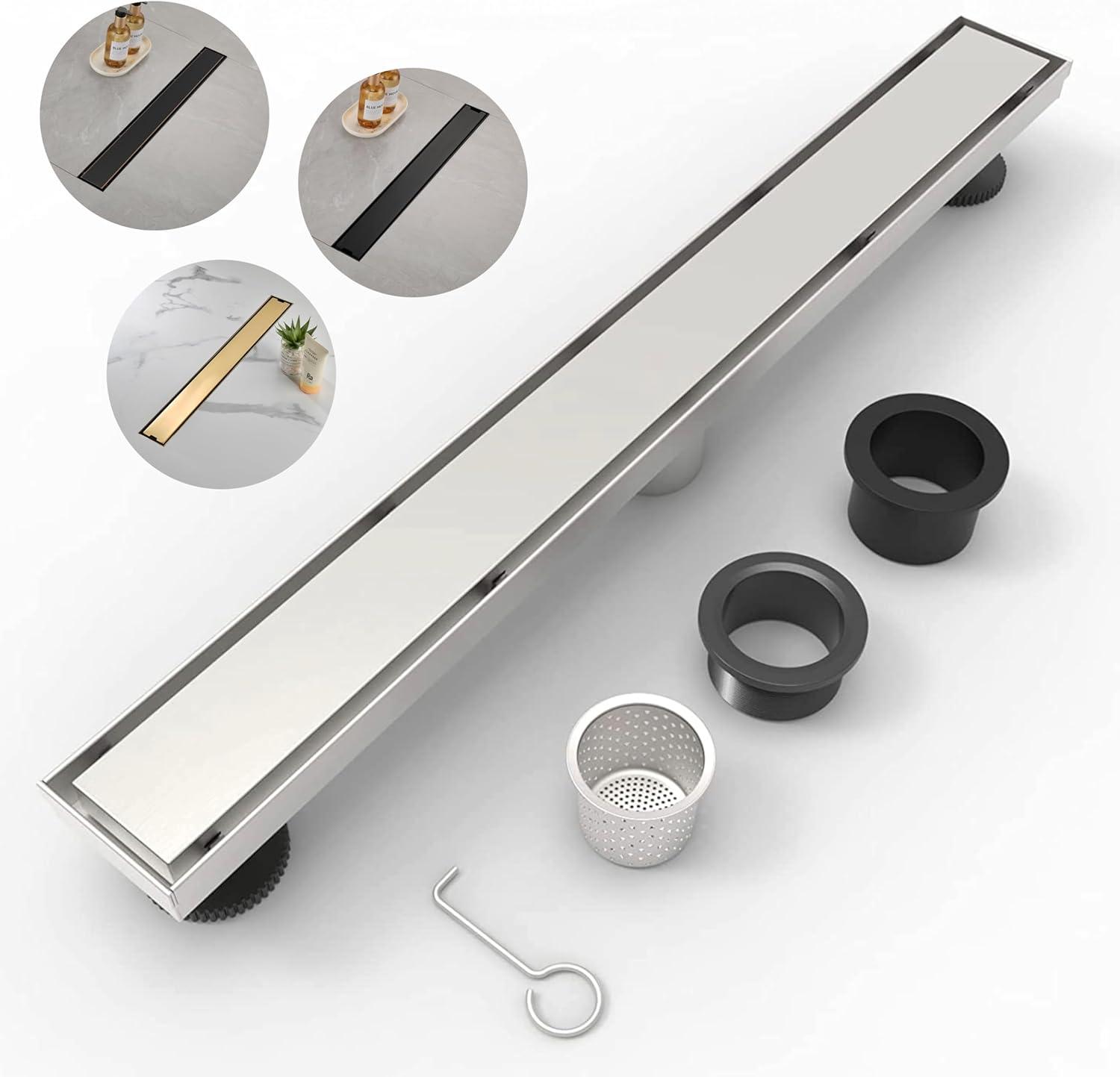 BRÜUN Shower Drain with Removable Square Hole Panel- A (24-inch) 304 Stainless Steel Long Channel Brushed Finish Linear Bathroom Floor Drain Include Hair Strainer and Leveling Feet for Water Waste