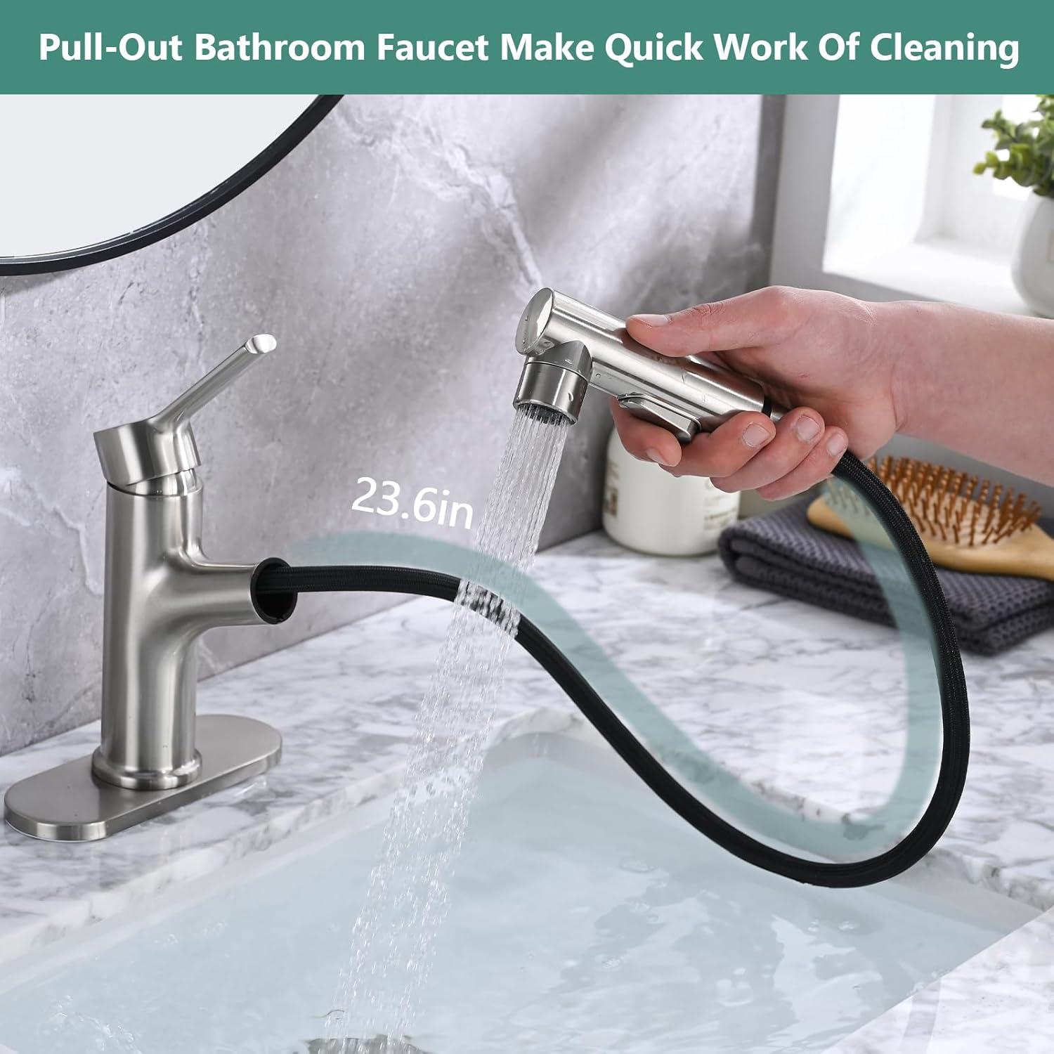 Single Handle 1 or 3-Hole Bathroom Faucet with Deckplate Included and Pull Out Sprayer in Brushed Gold