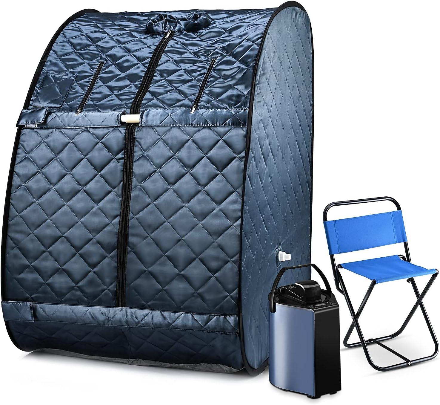 Portable Blue Satin and Polyester Foldable Steam Sauna with Chair