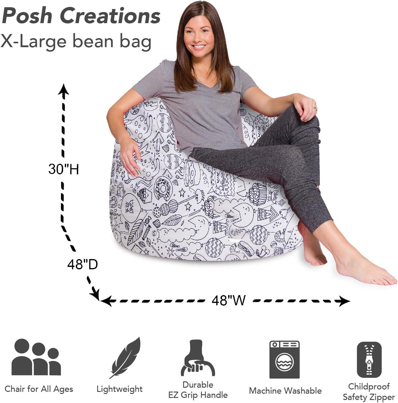 Posh Creations Bean Bag Chair, Soft Lounger, Canvas, Kids, 4 ft, Coloring Creatures White