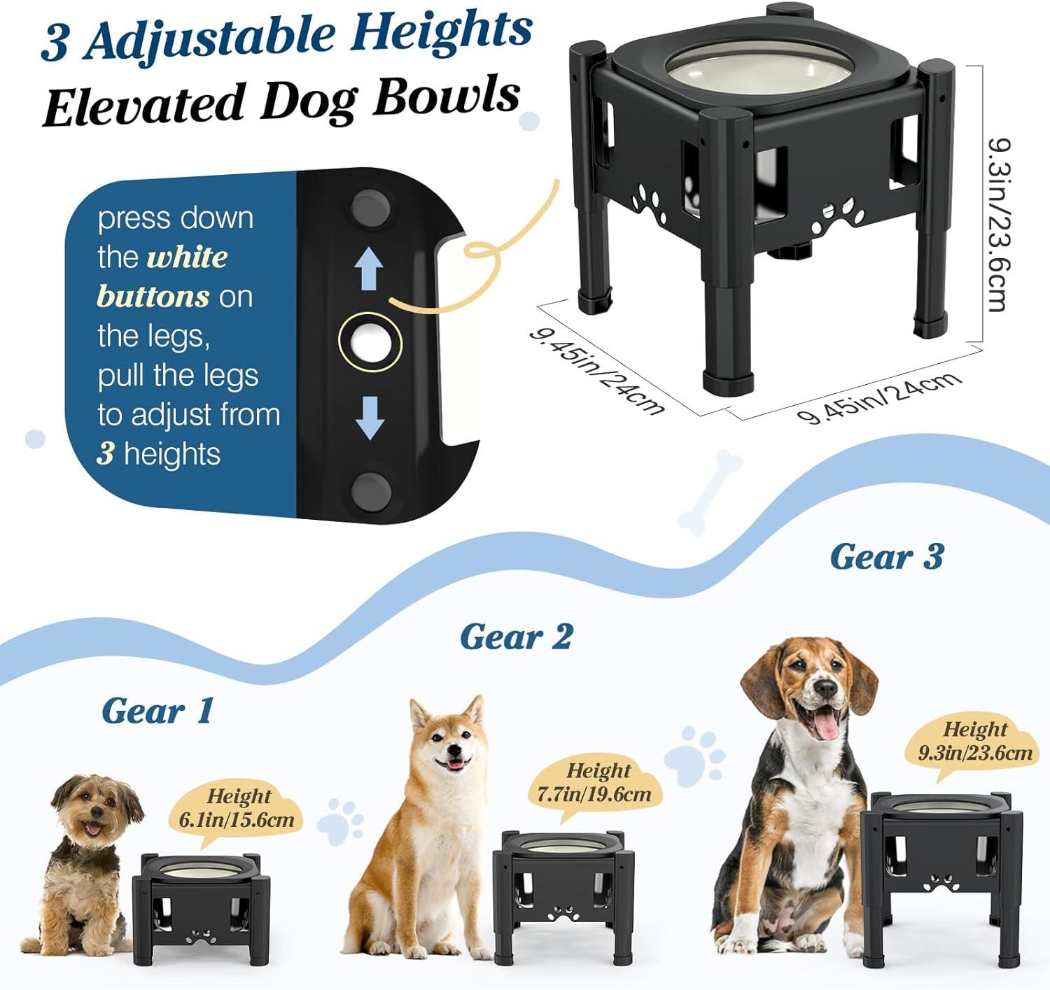 Adjustable Black Elevated Dog Water Bowl with Slow Feeder