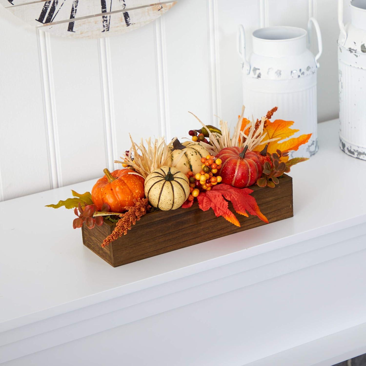 Harvest Pumpkin and Berries Artificial Arrangement in Wood Vase