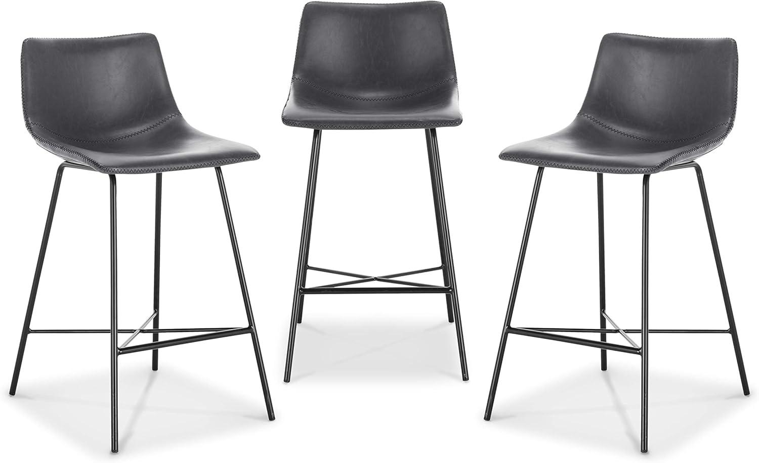 Gray Leather Saddle Style Counter Stools with Steel Base, Set of 3