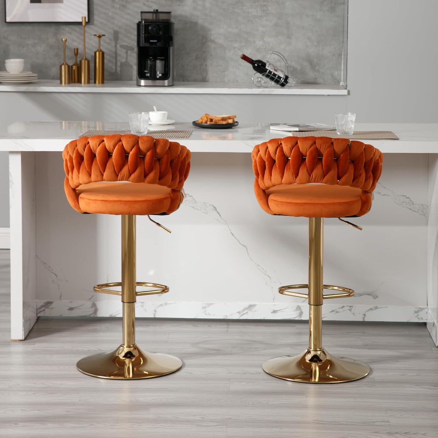 Modern Velvet Adjustable Swivel Bar Stools (Set of 2) Orange