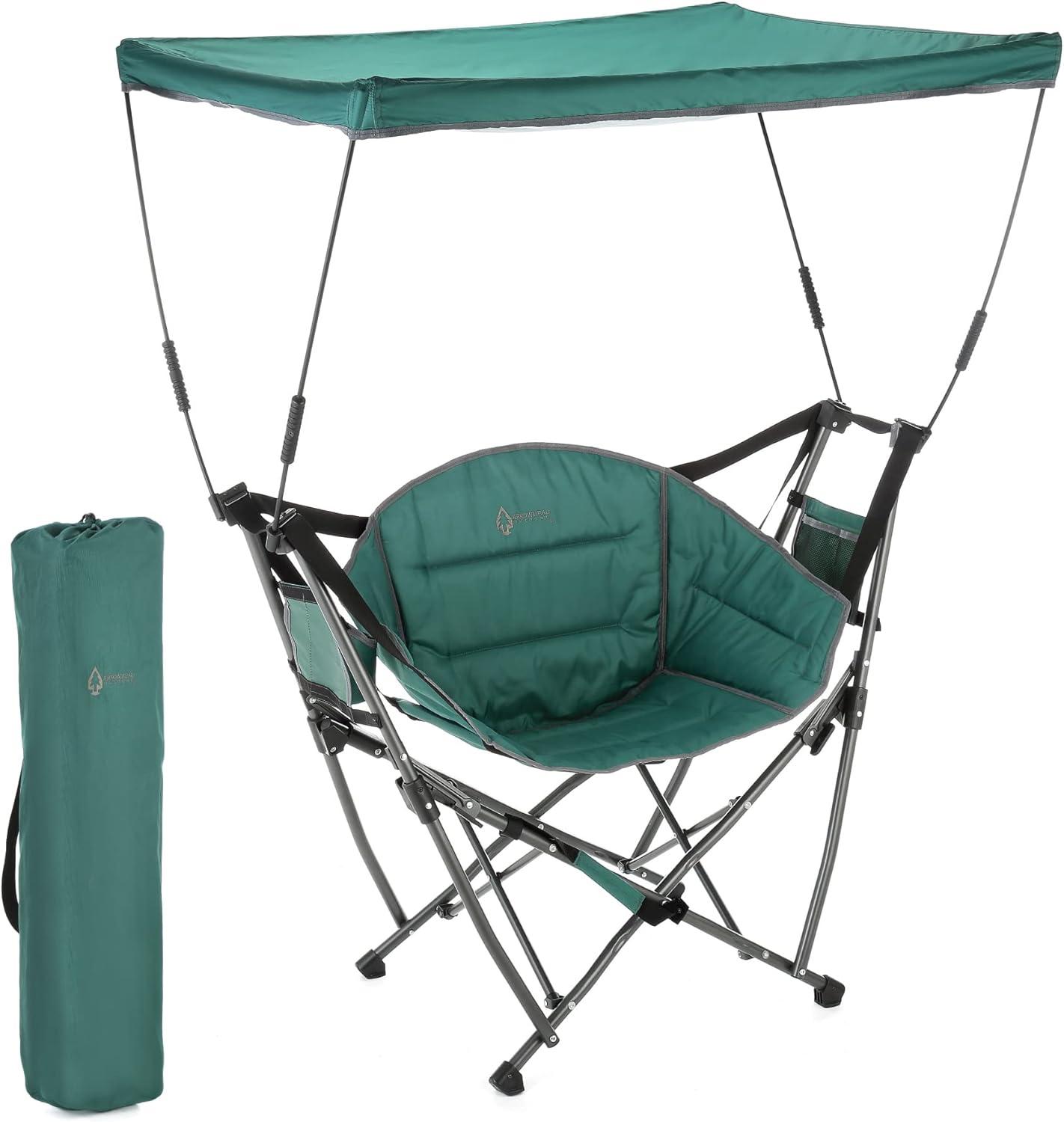 Green Folding Hammock Camping Chair with Canopy and Cup Holder