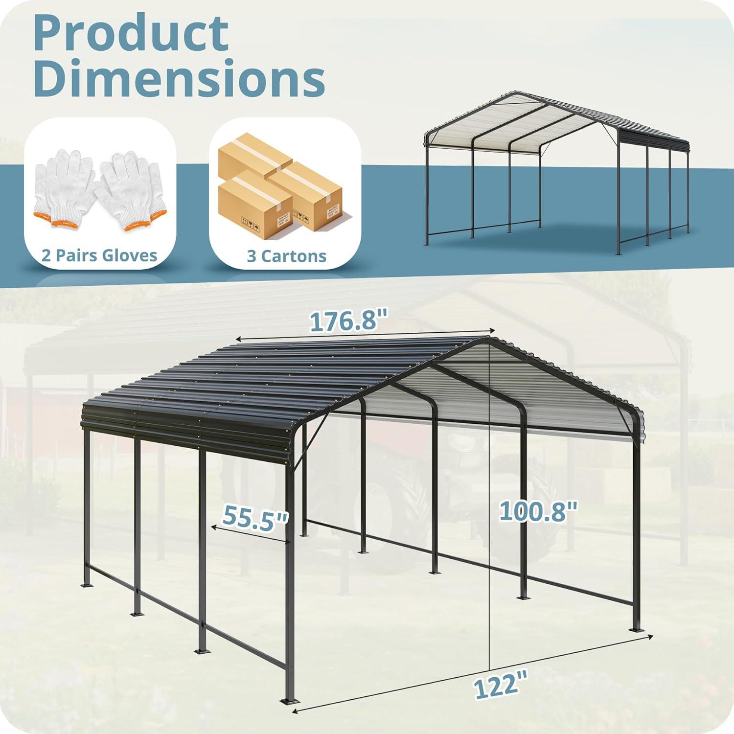 Black 10x15 FT Metal Carport with Peak Roof