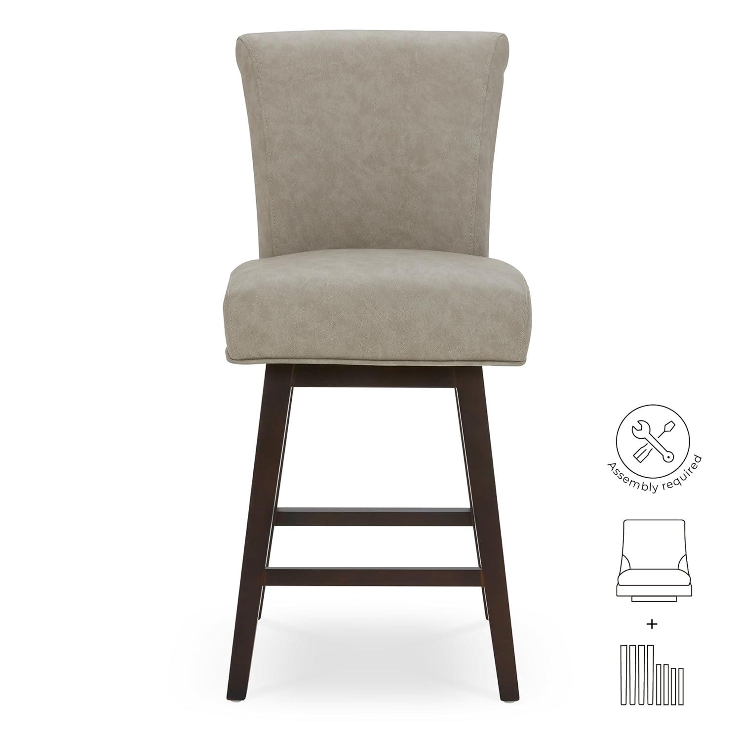 CHITA 26 in Upholstered Swivel Counter Bar Stools with Back&Wood Legs Set of 2, Faux Leather in Creamy Gray