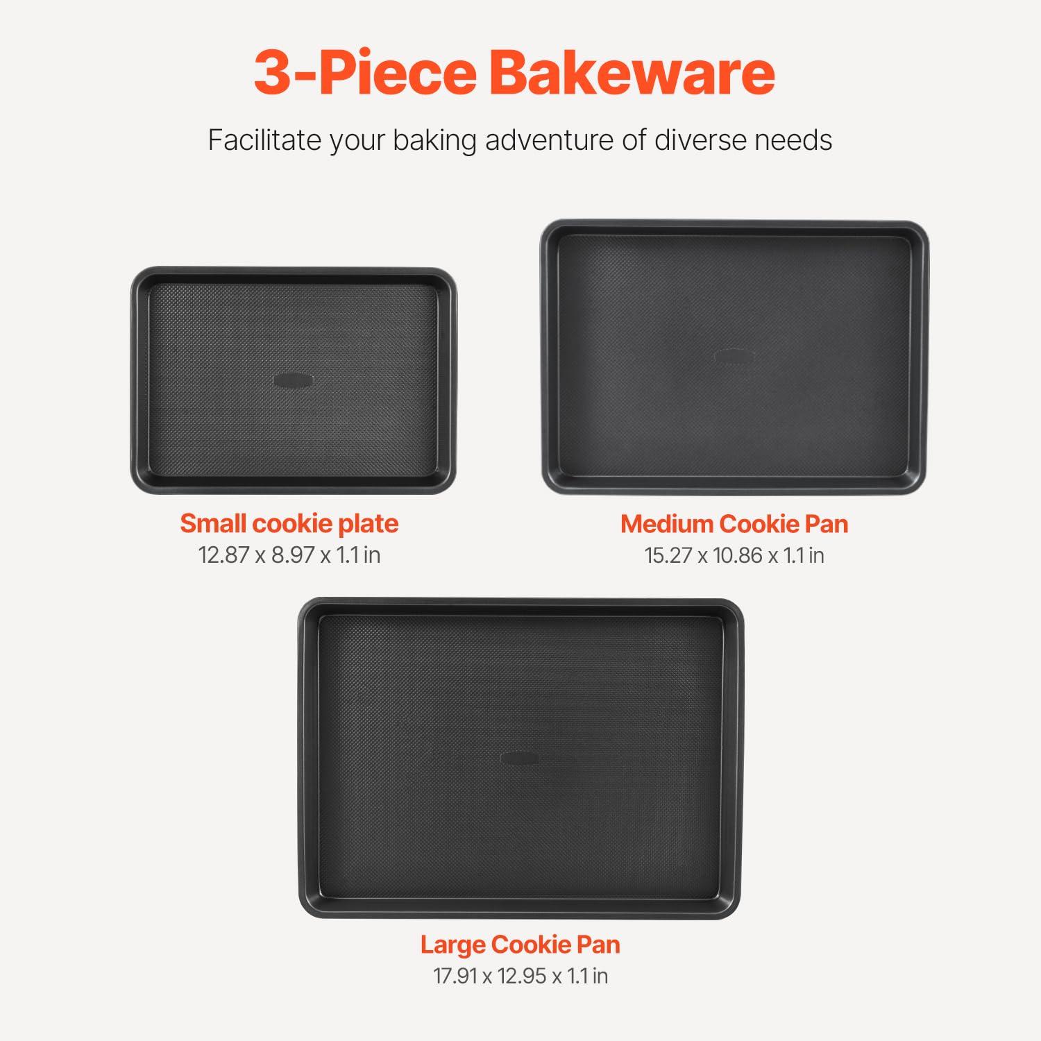 VEVOR Baking Pans Set, 3-Piece, Ultra Thick Nonstick Carbon Steel Cookware Sheets & Trays, Stackable Kitchen Oven Bakeware Cooking Sets, Easy to Clean, for Baking Cookie Cake Muffin Bread