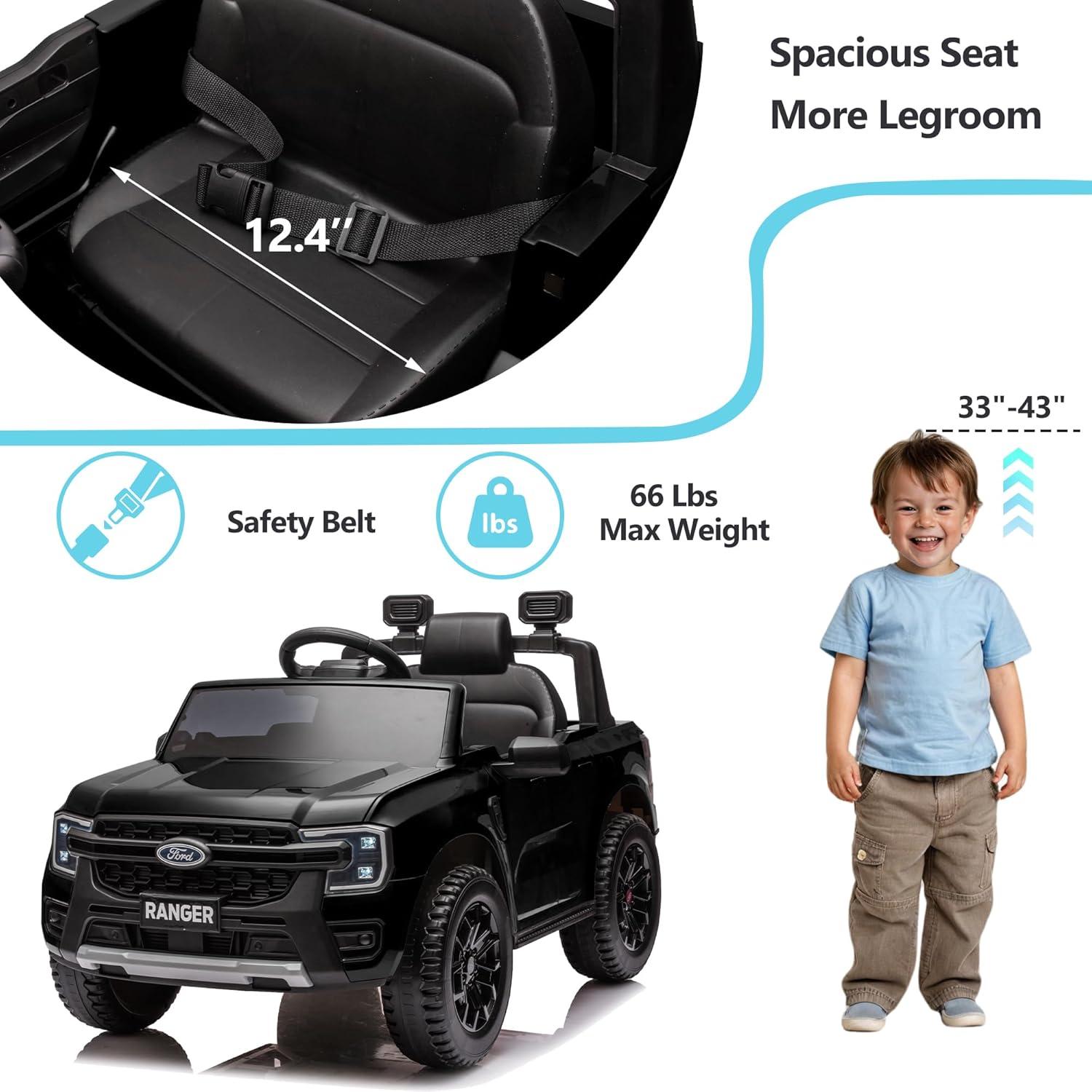 Ford Ranger Ride on Truck, 12V Powered Ride on Toy Cars with Remote Control, Bluetooth, MP3 Player, Safety Belt, LED Lights, Horn, Rear Wheels Drive Kids Electric Car for Boys Girls 3-6 Ages, Black