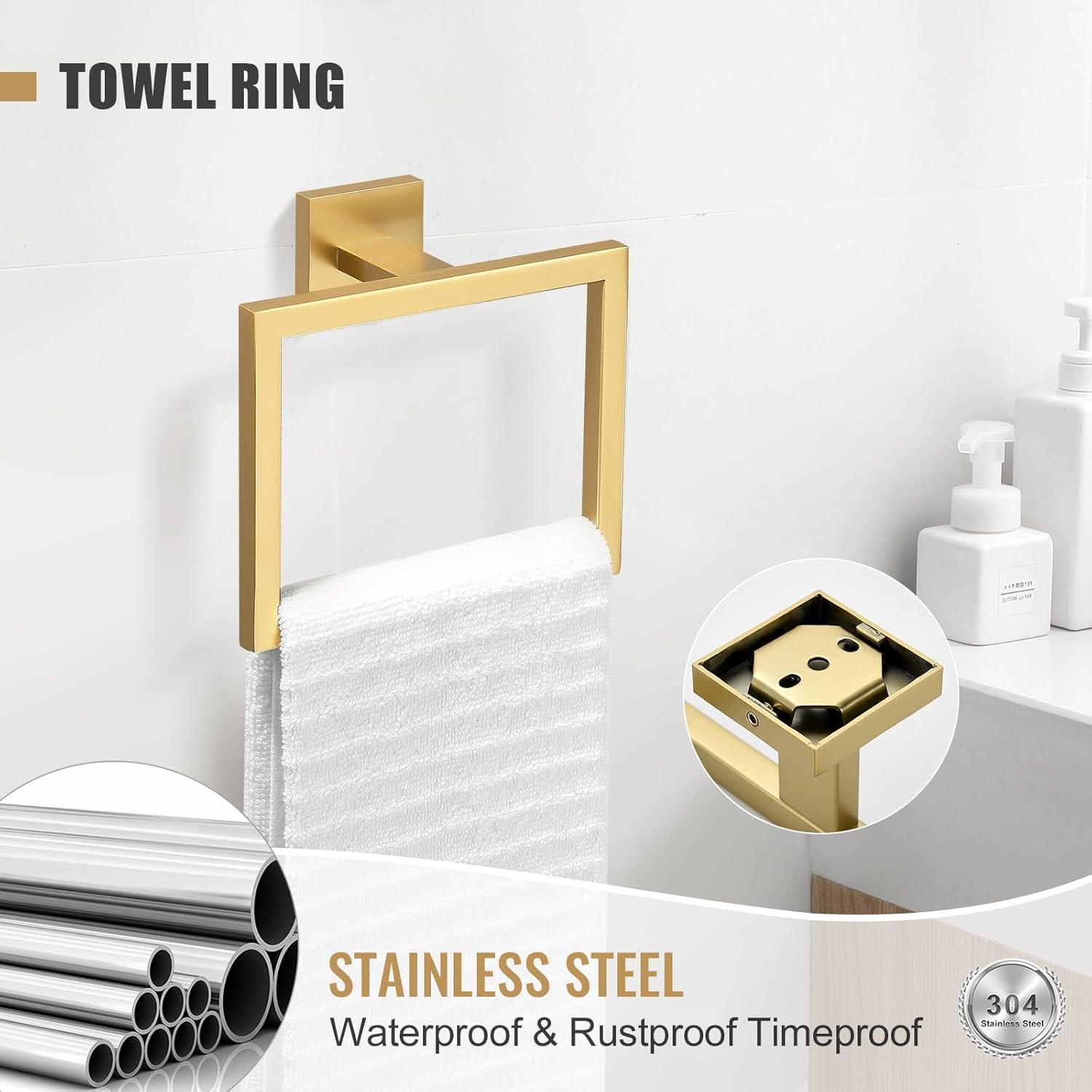 5-Piece Bathroom Hardware Accessories Set 23.6 inch brushed Gold Towel Bar Towel Rack Sets Modern Towel Ring Kit Stainless Steel Wall Mounted