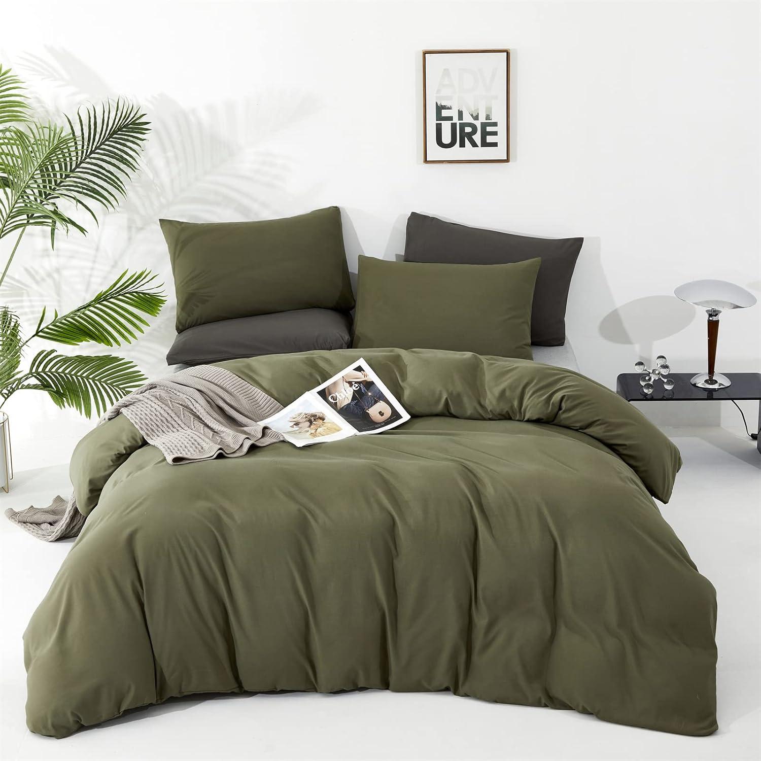 3 Piece 100% Washed Cotton Army Green Duvet Cover Set Luxury Soft and Breatheable Bedding Set with Zipper Closure,Queen Size