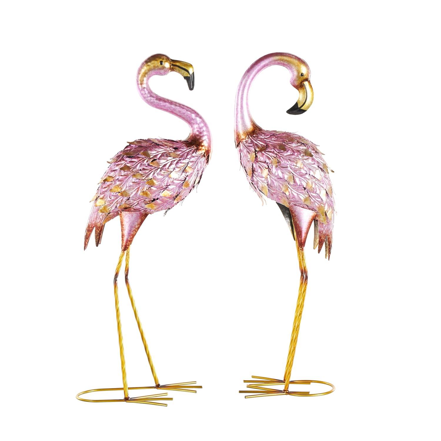 DecMode Coastal Outdoor Metal Standing Pink Flamingo Garden Sculpture, Set of 2 10"W x 38"H