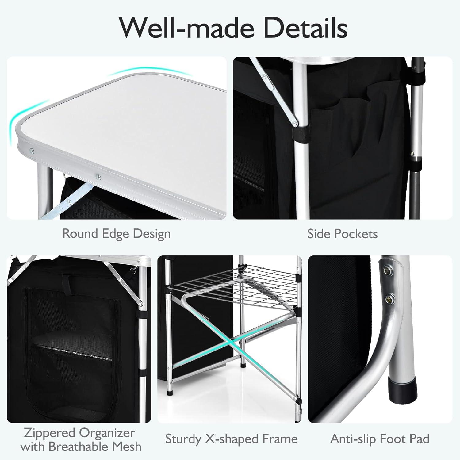 Black Aluminum Folding Camping Kitchen Table with Storage and Windscreen