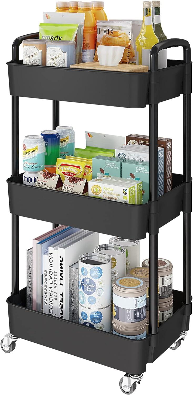 Black 3-Tier Rolling Kitchen Storage Cart with Lockable Wheels