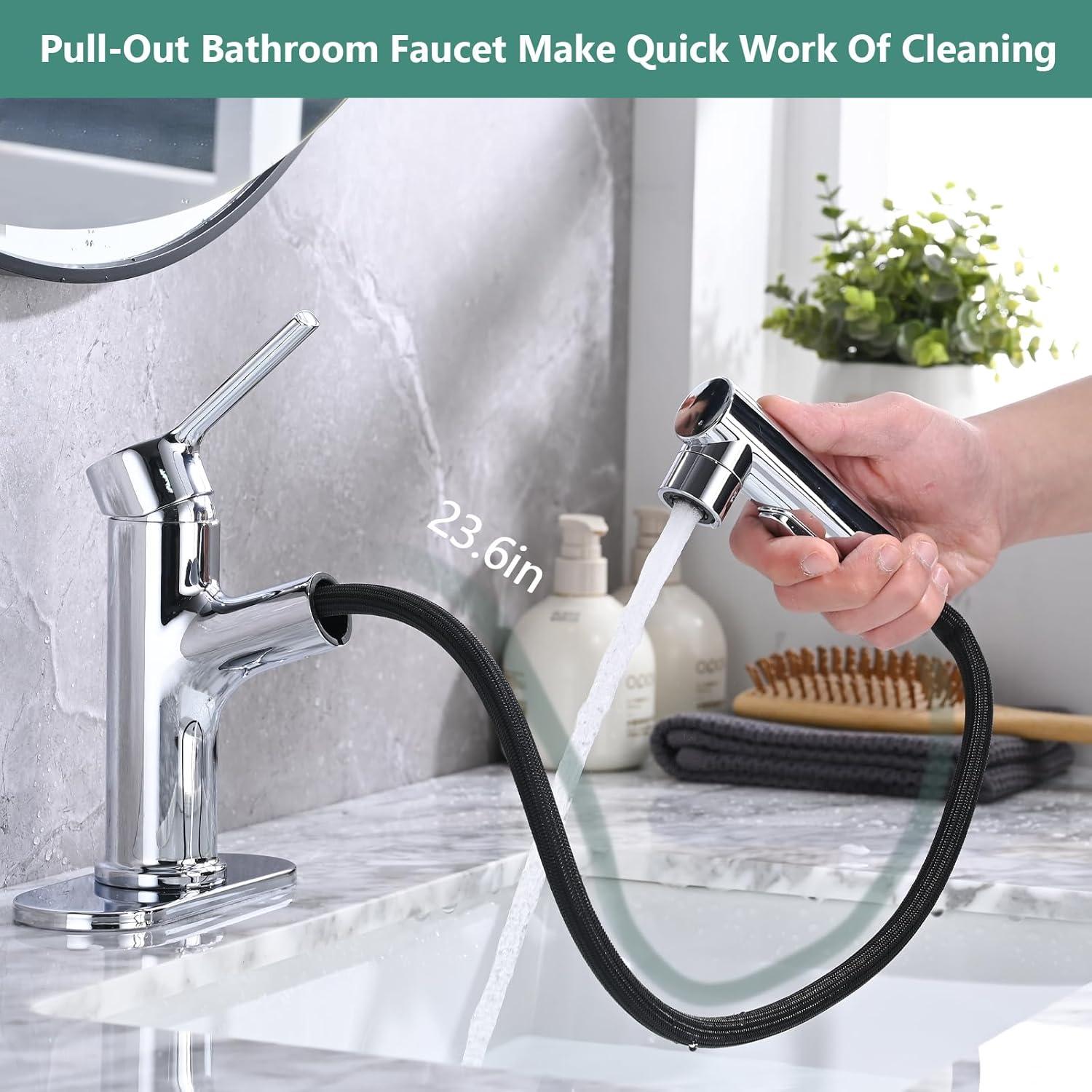 Single Handle 1 or 3-Hole Bathroom Faucet with Deckplate Included and Pull Out Sprayer in Brushed Gold