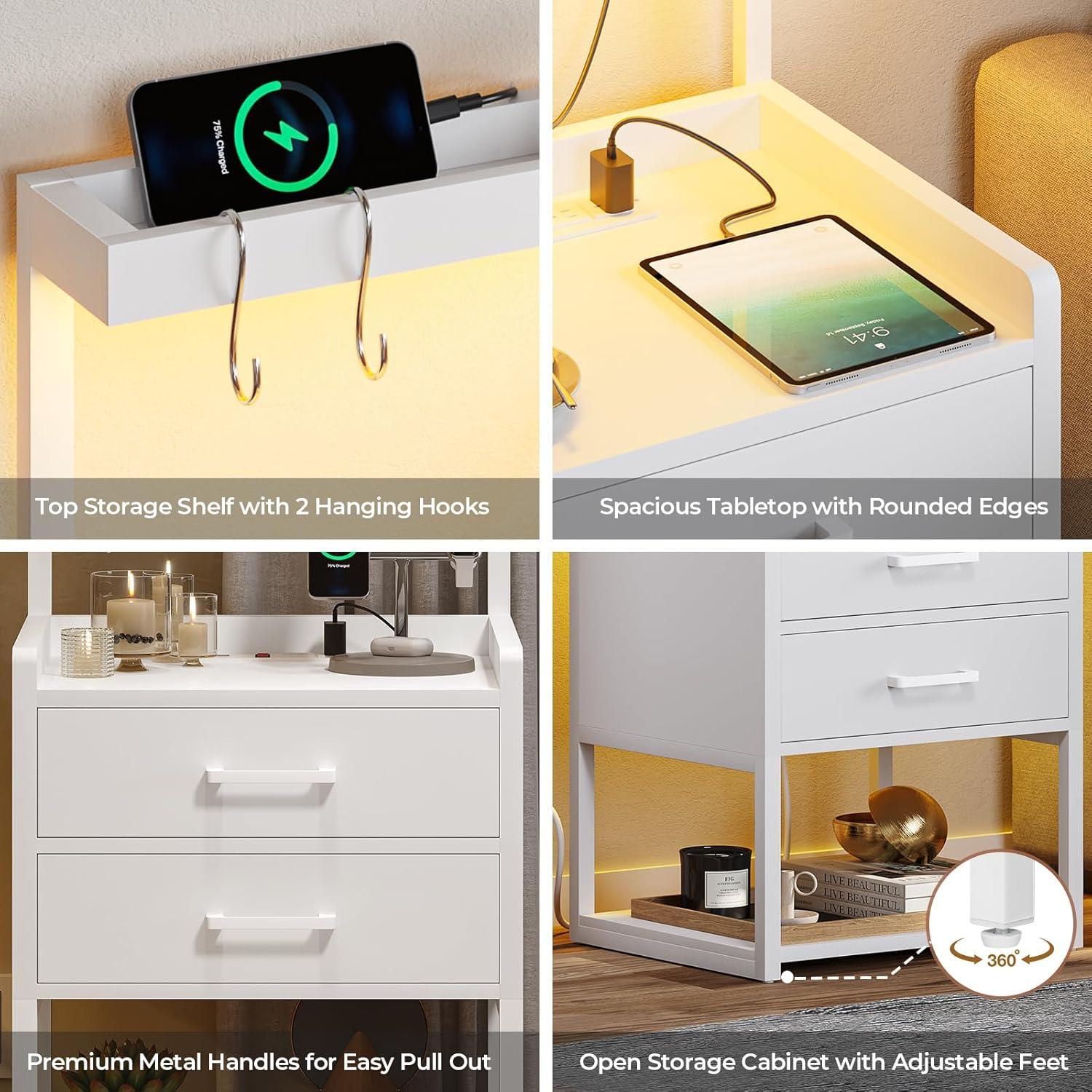 Nightstand with LED Lights and Charging Station, 2 Drawers Bedroom Night Stand, 2 USB Ports, 2 Outlets, Bed Side Table with Storage Shelves, White