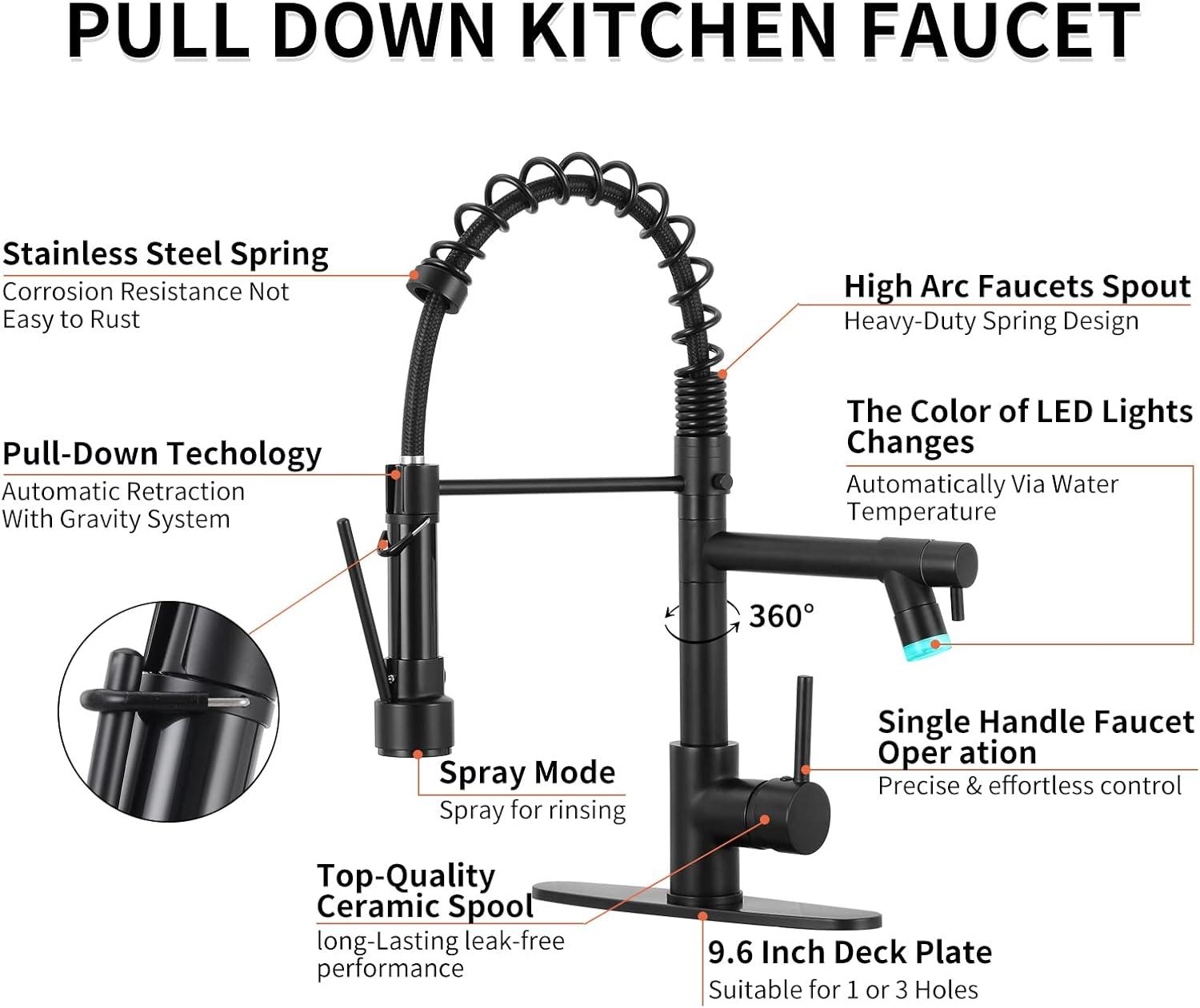 Matte Black Stainless Steel LED Kitchen Faucet with Pull-out Spray