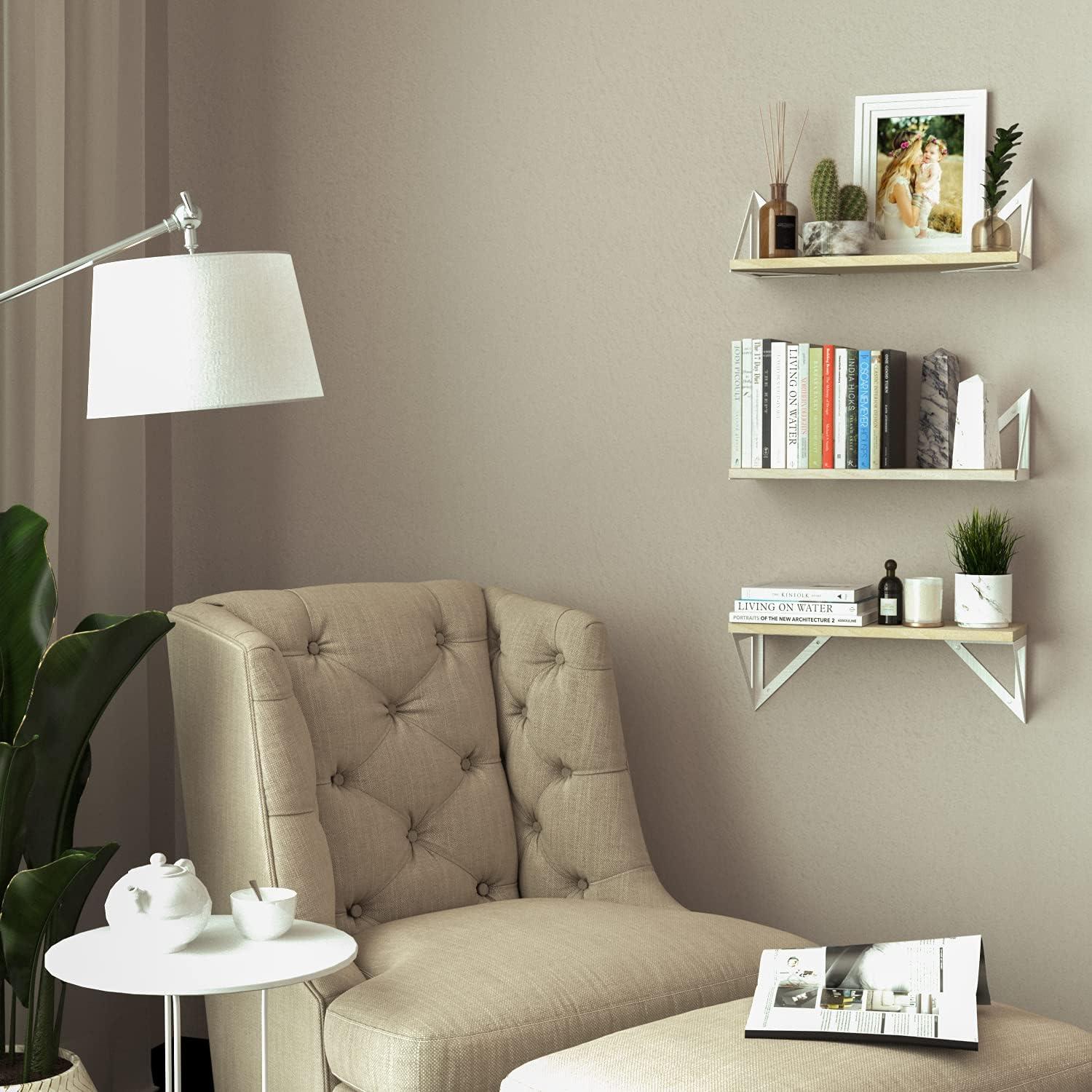 Natural Wood Floating Accent Shelf with White Brackets