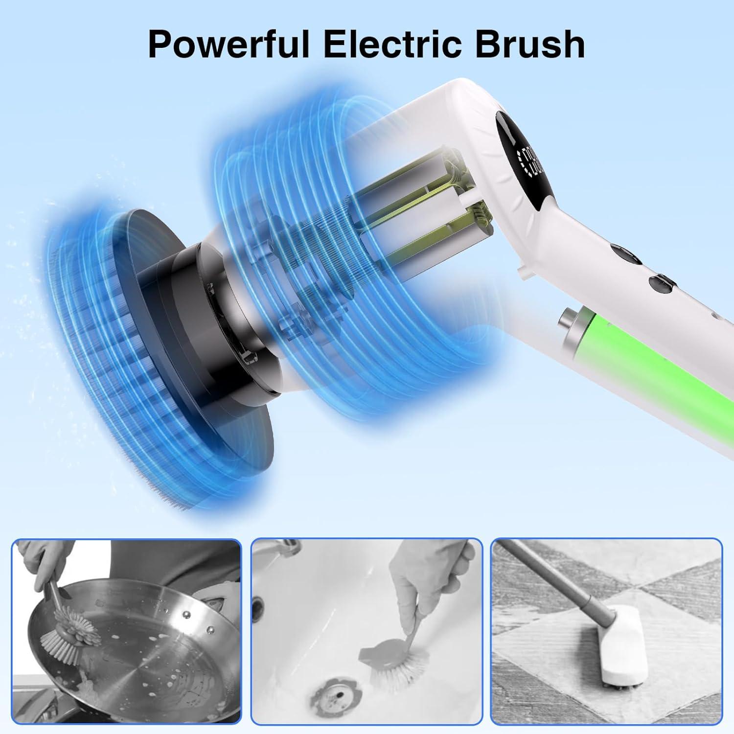 Electric Spin Scrubber，Upgrade Electric Spin Cordless Tub and Tile Scrubber w/ Adjustable Extension Arm，3 Speed 7 Replaceable Cleaning Heads，Power Spin Scrubbers Cleaning Bathroom，Floor，Car