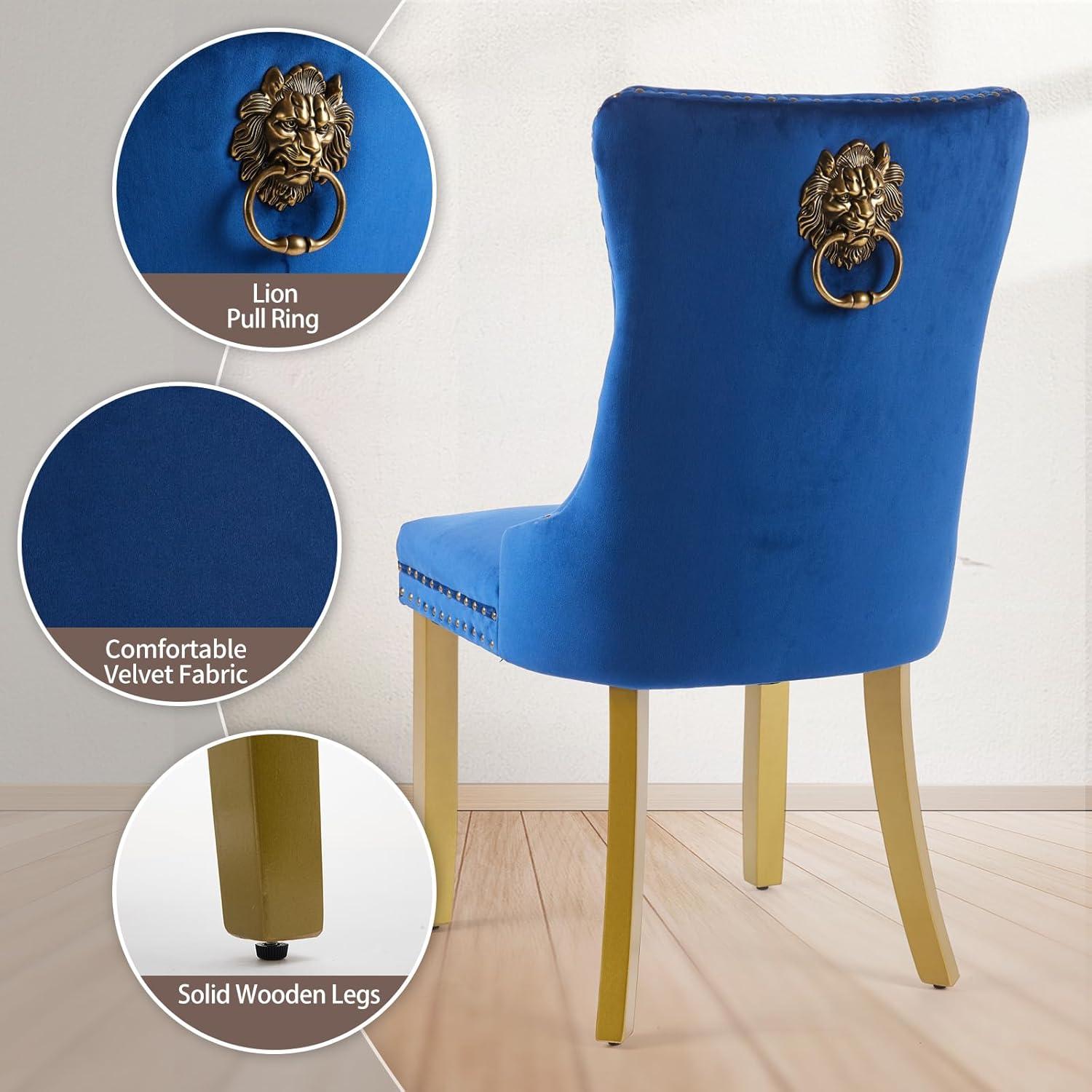 Velvet Upholstered Dining Chairs, Set of 2, Dining Room Tufted Chair, Modern Button Tufted Armless Chairs with Nailhead Trim and Back Ring Pull, Gold Legs, for Dining Room, Kitchen, Navy